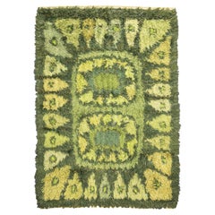Vintage Rya Rug Shaggy Abstract Design with Green Tones
