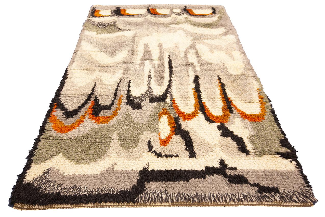 Swedish Rya Rug Shaggy Abstract Design with Multi Tone For Sale