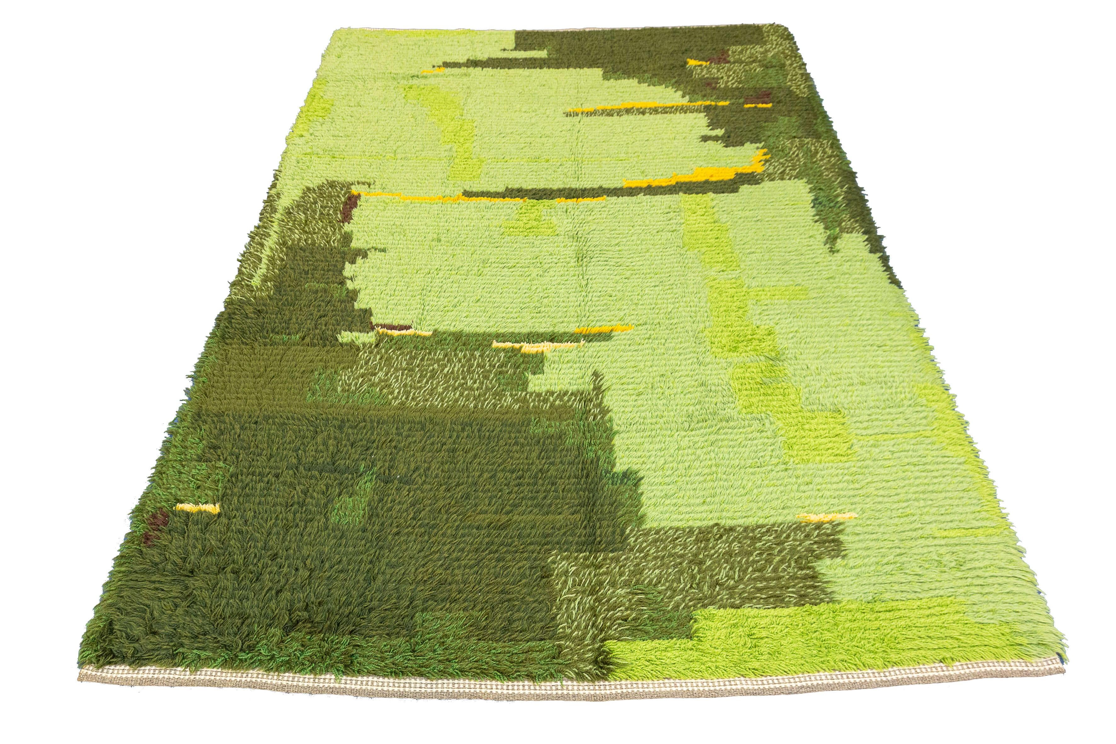 Hand-Crafted Rya Rug Swedish Green Color For Sale