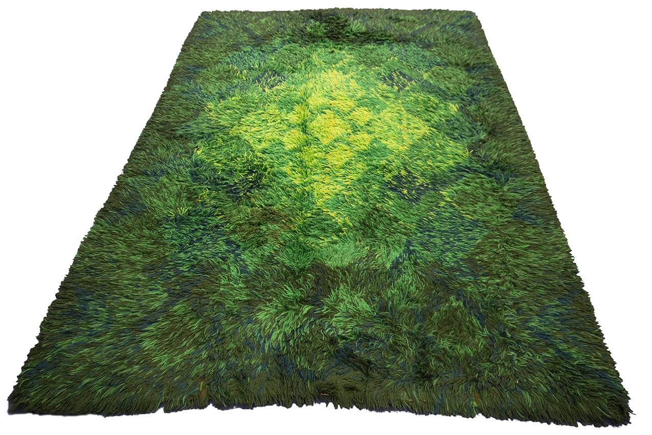 Hand-Knotted Rya Rug Vintage Scandinavian with Green Tones For Sale