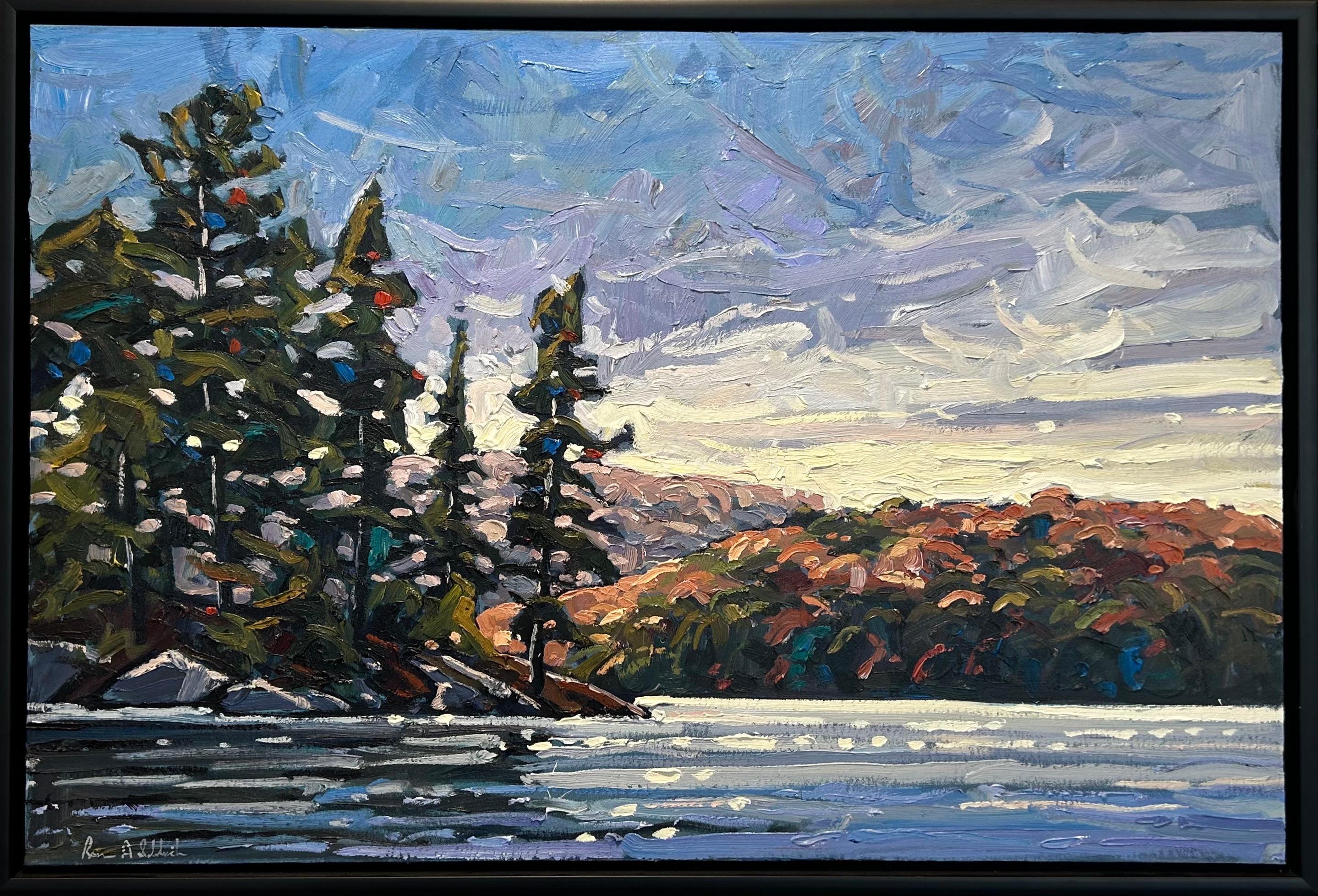 Ryan A. Sobkovich Landscape Painting - Algonquin Park Fall Landscape Oil on Canvas 'Paddling on Tea Lake in October' 