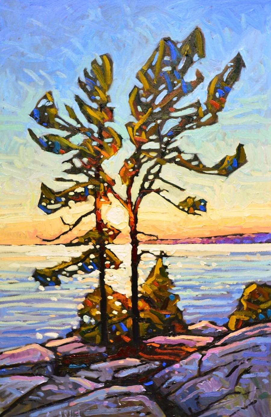 Contemporary Impressionist style landscape 'Noble Pines at Sunset' oil on canvas - Painting by Ryan A. Sobkovich