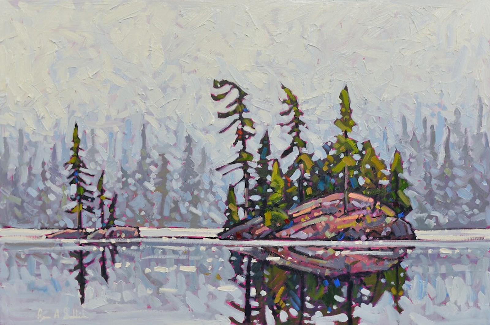 'Reflejos de la isla, Algonquin' Paisaje contemporáneo en pintura al óleo - Painting de Ryan A. Sobkovich