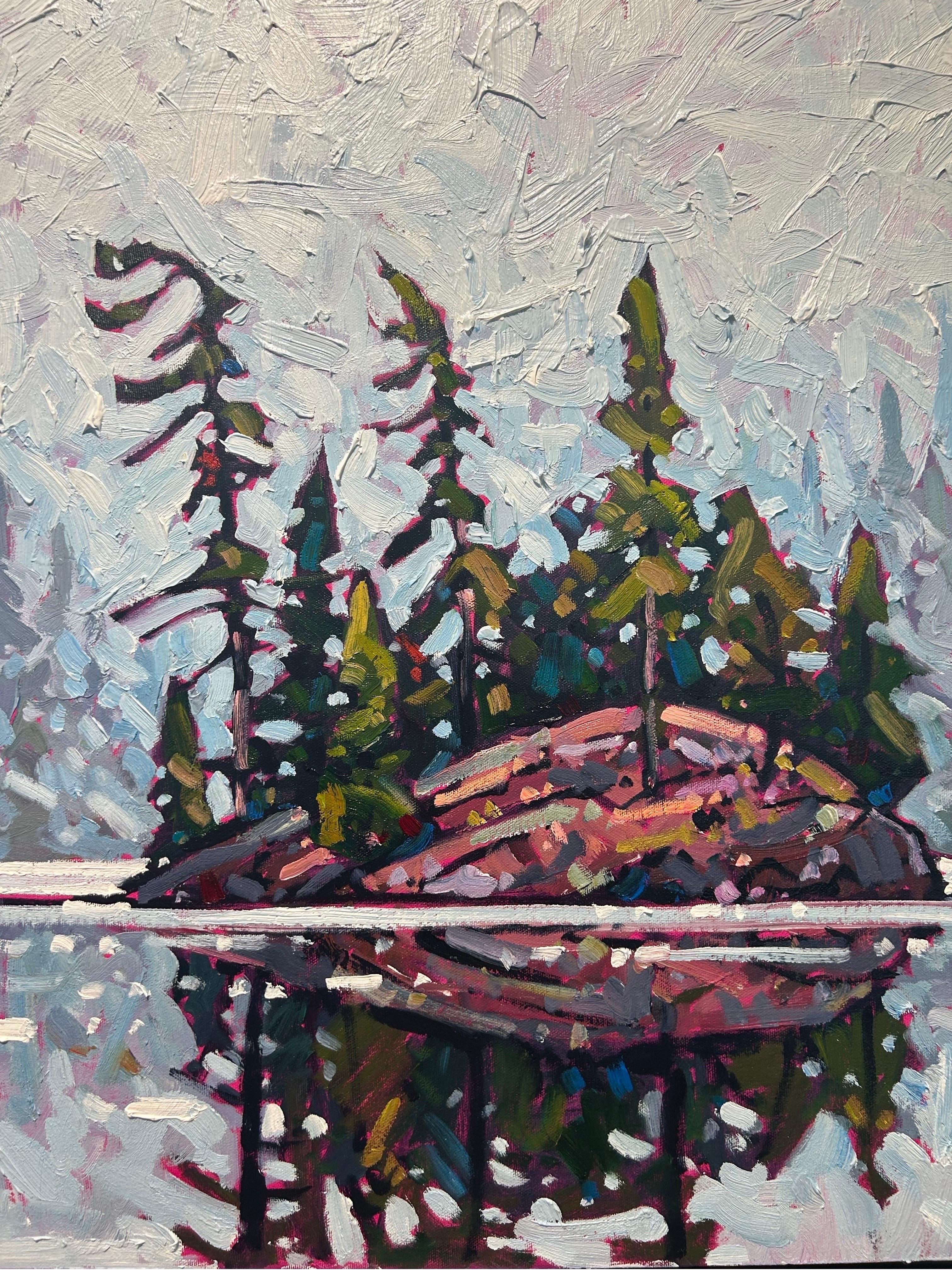 'Reflejos de la isla, Algonquin' Paisaje contemporáneo en pintura al óleo - Landscape Painting Gris de Ryan A. Sobkovich