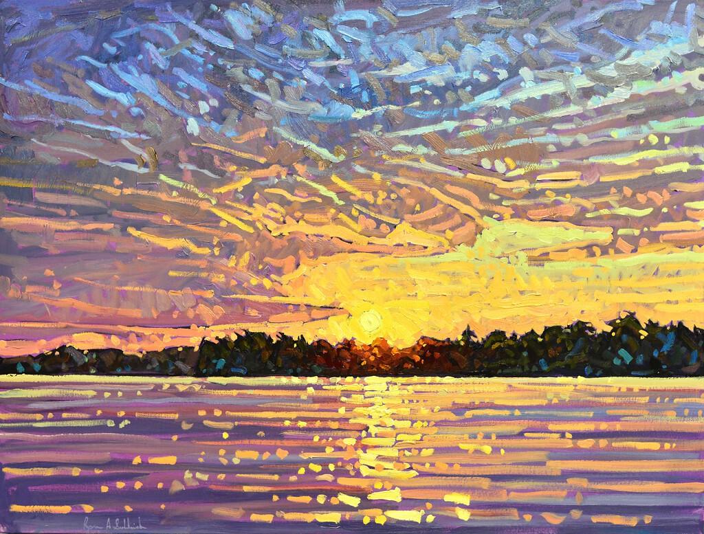 'Magenta Reflections, Georgian Bay' Contemporary Sunset Landscape Painting For Sale 1