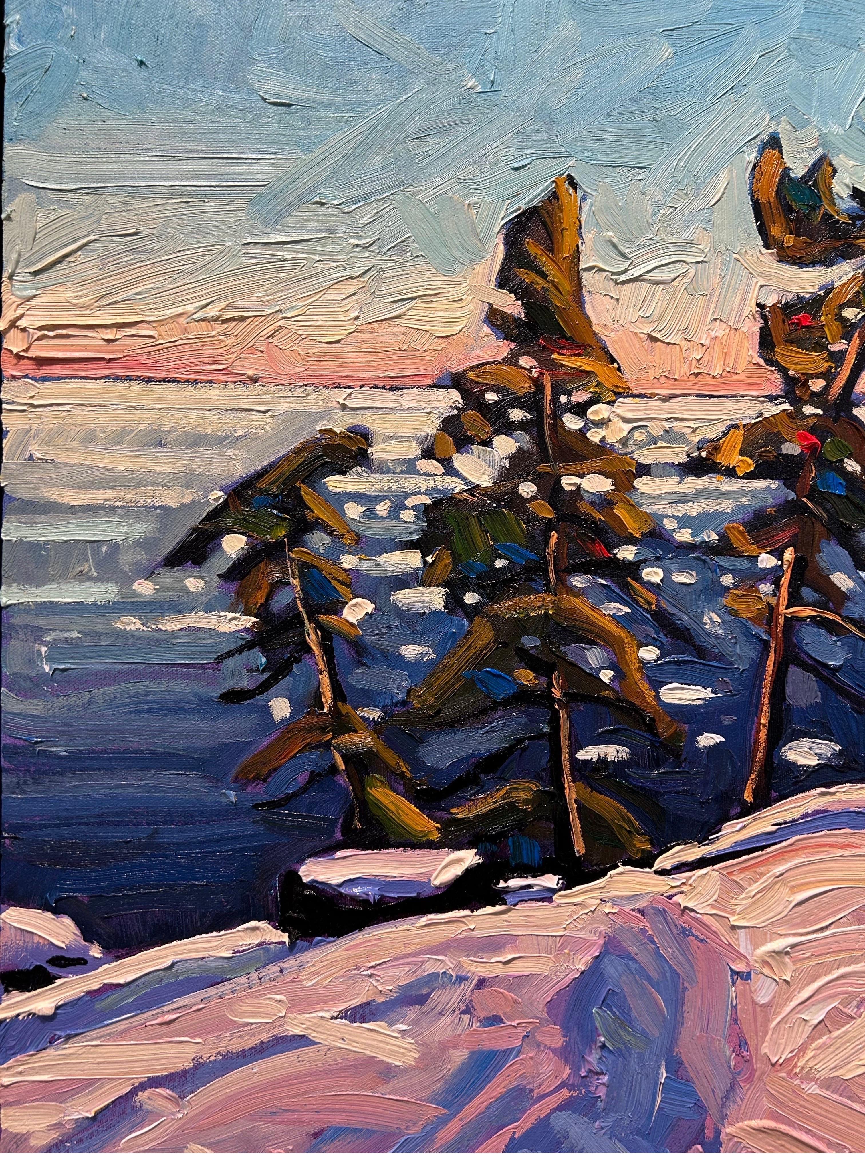 'Purple Shadows at Sunset' Contemporary Impressionist Winter Landscape oil paint - Gray Landscape Painting by Ryan A. Sobkovich