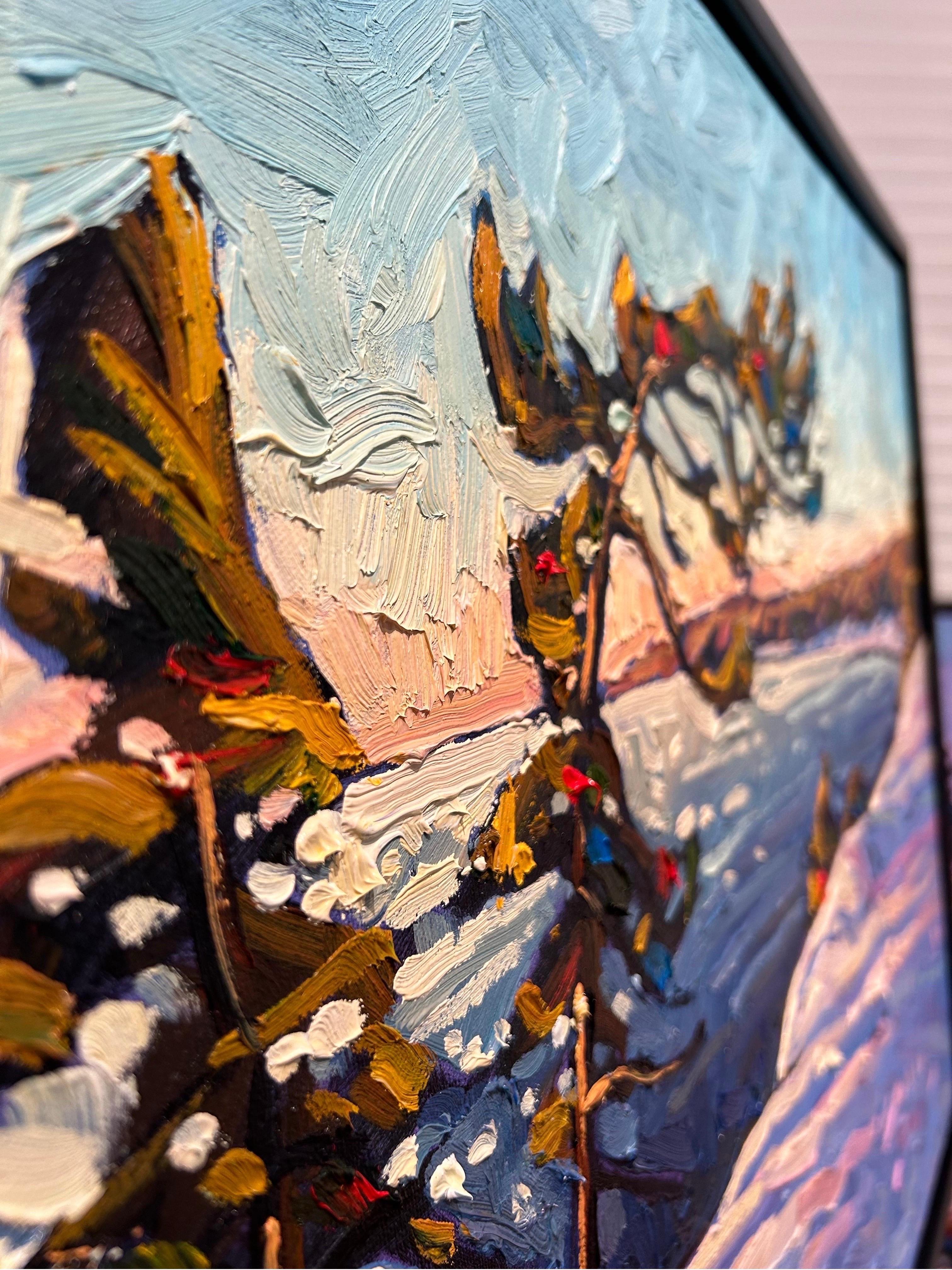 Ryan Sobkovich captures a beautiful winter sunset in this landscape painting. With his saturated colour palette and impasto style brushwork he creates a softer version of the cold day depicted. His signature style of painting trees is on full