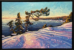 Peinture à l'huile 'Ombres violettes au coucher du soleil' Paysage d'hiver impressionniste contemporain