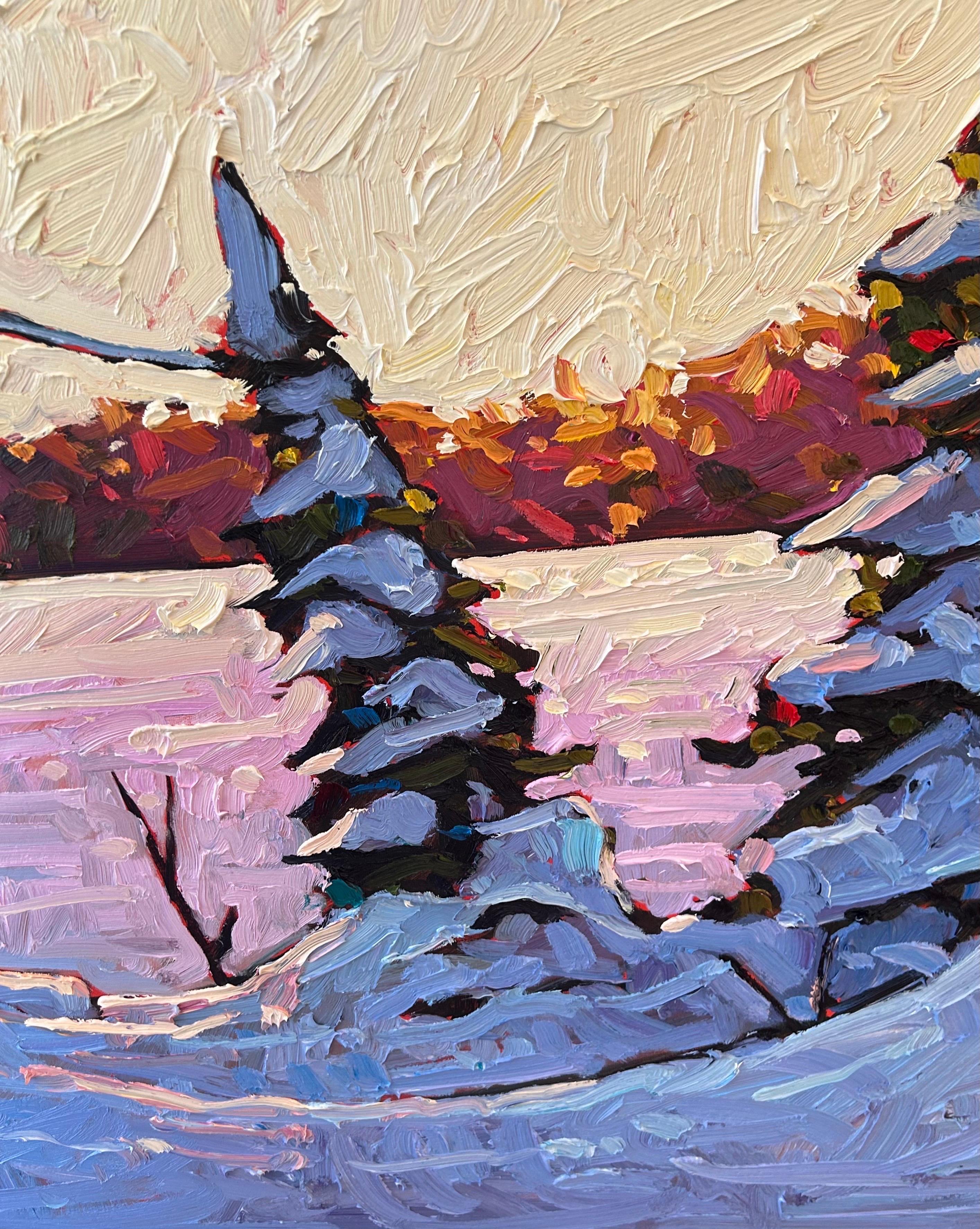 'Warm Winter Light on the Snow' Contemporary Winter Oil Landscape Painting For Sale 2