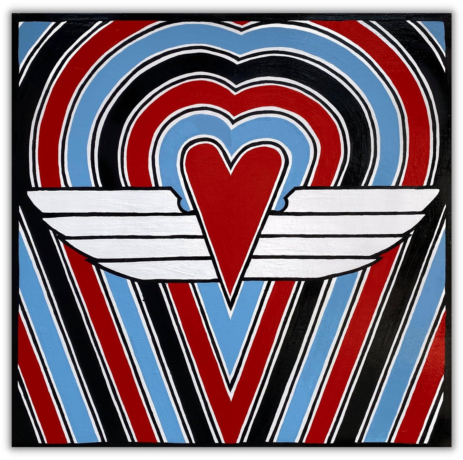 Love Can Fly
Ryan Cronin
Oil Paint on Board
48" x 48"

When people look at his work Cronin wants them to feel an immediate impact, even if they’re not sure what hit them. The raw, almost childlike appearance of his work belies his reflective