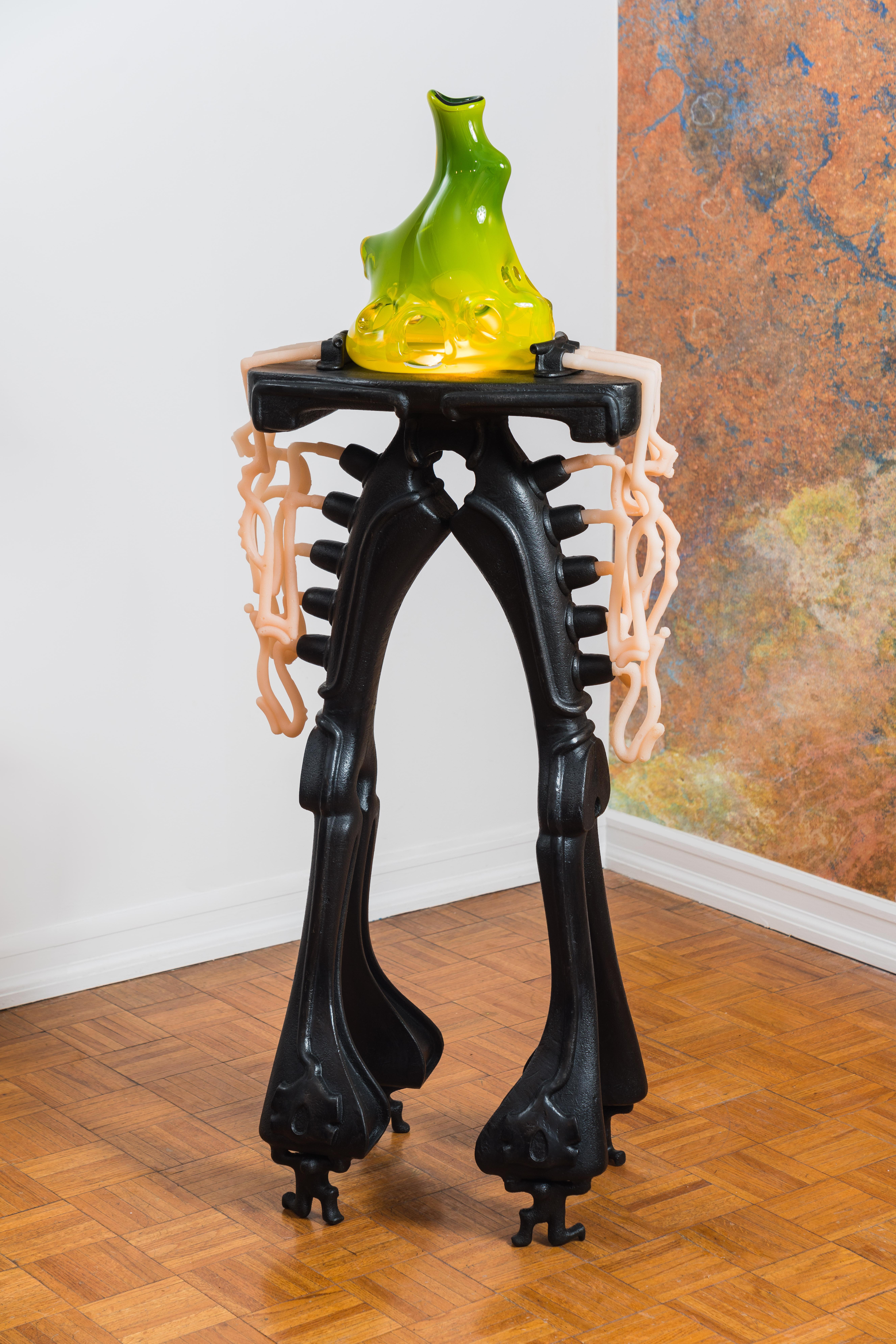 Fantastical and surrealistic floor lamp that stands on two legs, entitled 'Bionic Knees for Atlas' by American artist Ryan Decker.

This preternatural piece comes from a virtual world of Ryan Decker's imagination. As both a sculpture and a standing