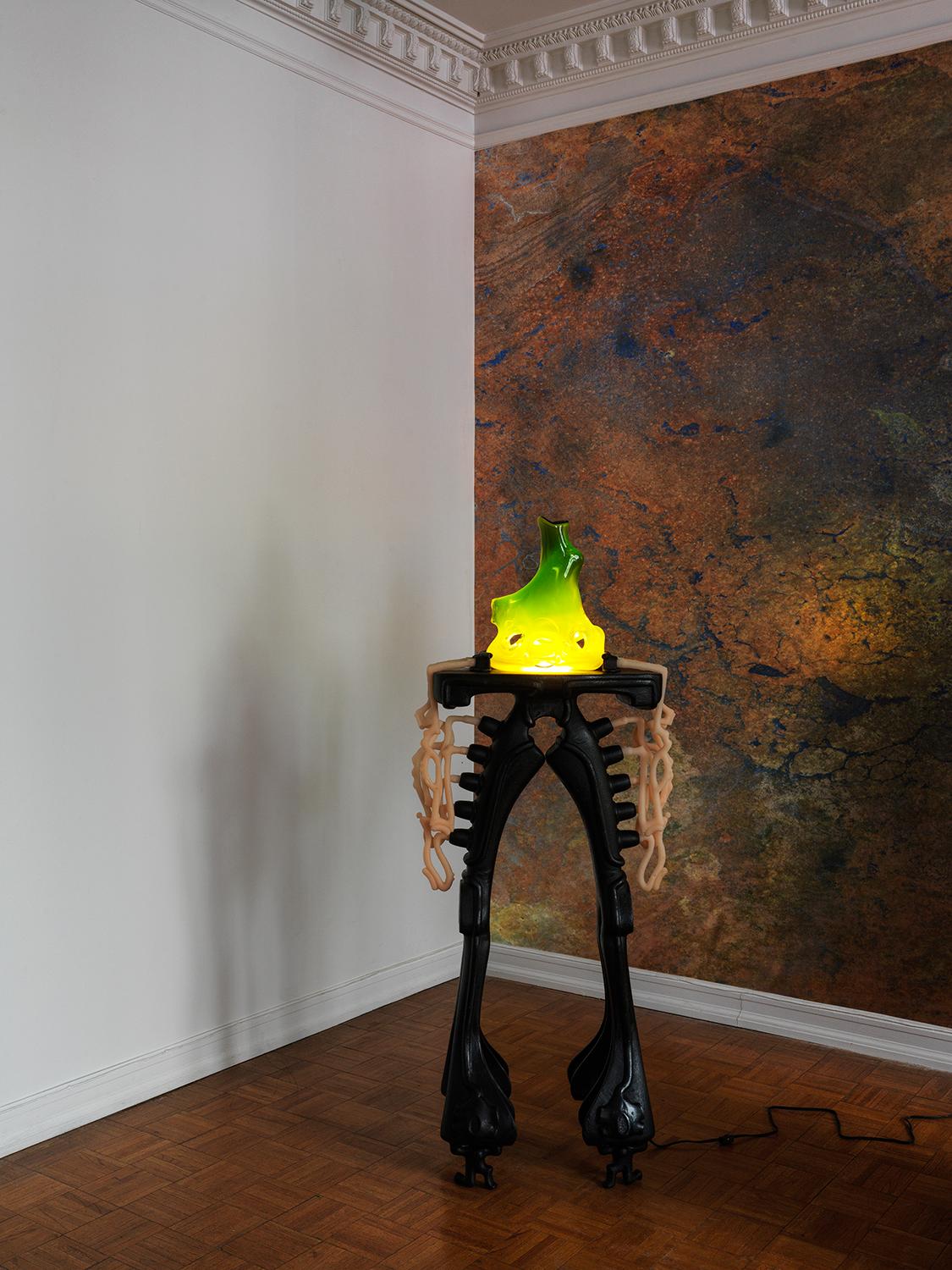 Futurist Unique, Sculptural Floor Lamp in Cast Iron and Blown Glass with Silicone Detail For Sale