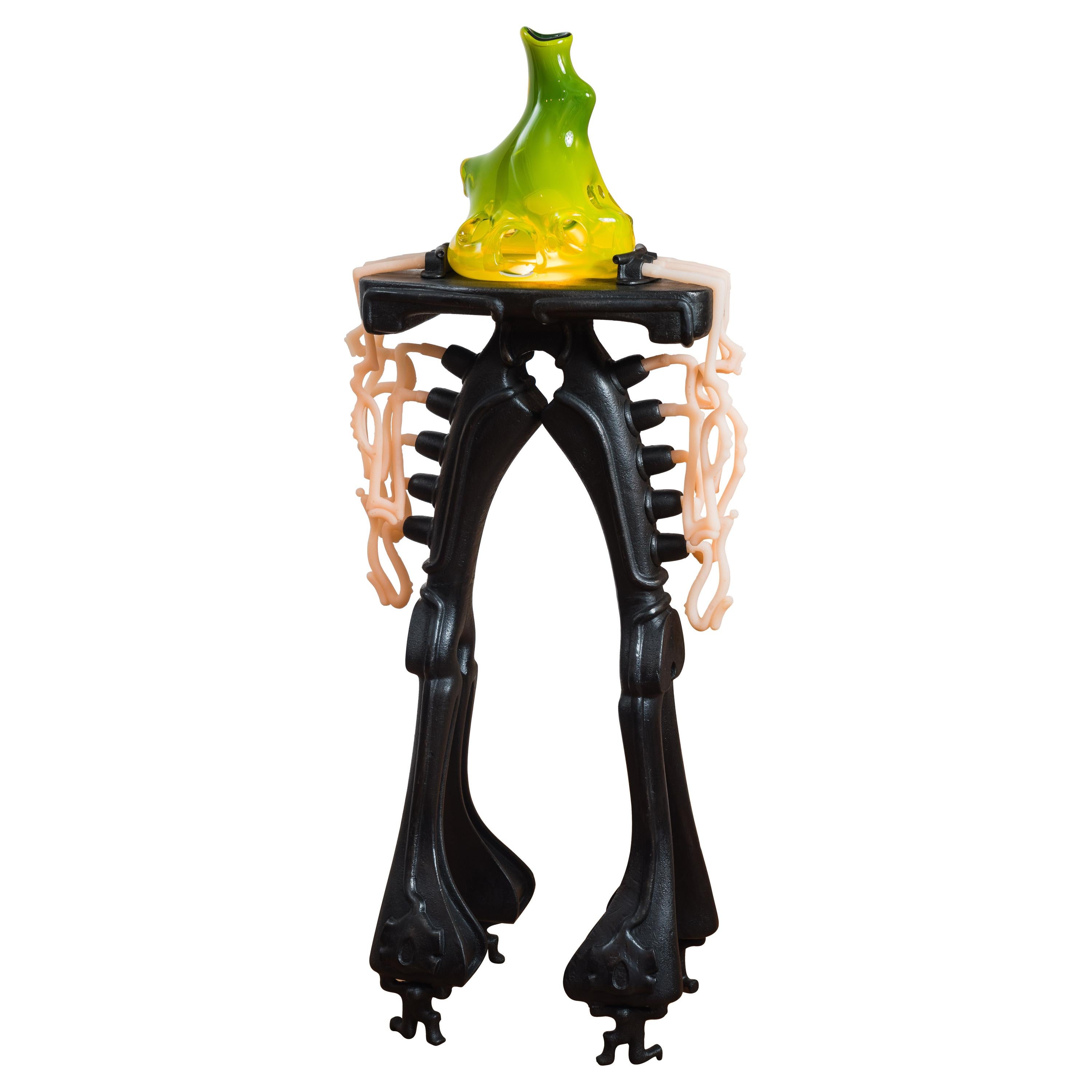 Unique, Sculptural Floor Lamp in Cast Iron and Blown Glass with Silicone Detail For Sale
