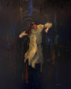 "Adrift" (2023), portrait féminin abstrait impressionniste original, peinture à l'huile