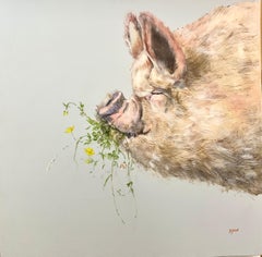 20th century English, fun oil on canvas portrait of a feeding Pig