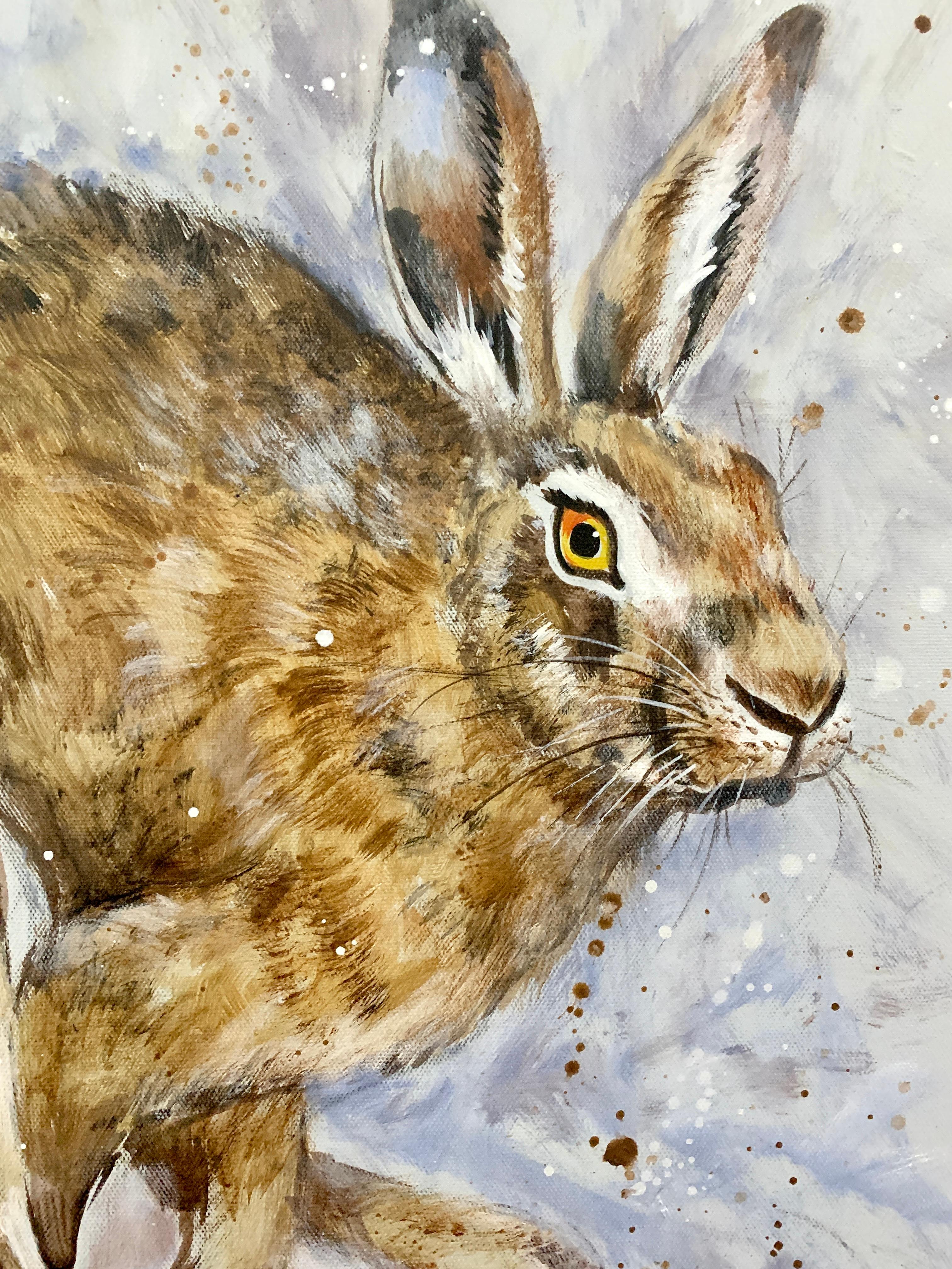 20th century English, fun oil on canvas portrait of a running or jumping Hare - Painting by Ryan