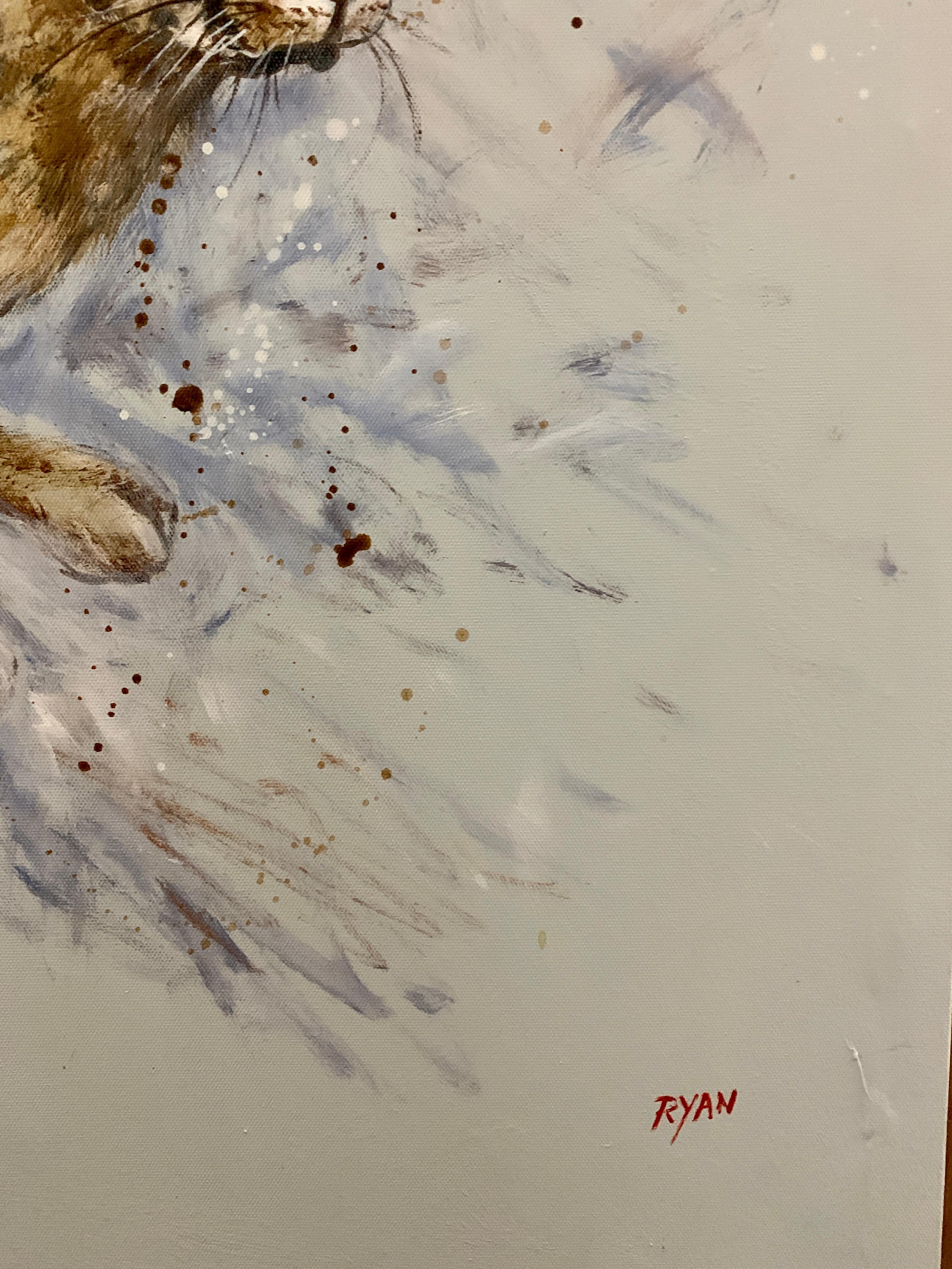 Siglo XX Inglés, divertido retrato al óleo sobre lienzo de una Liebre corriendo o saltando - Animal Painting Gris de Ryan