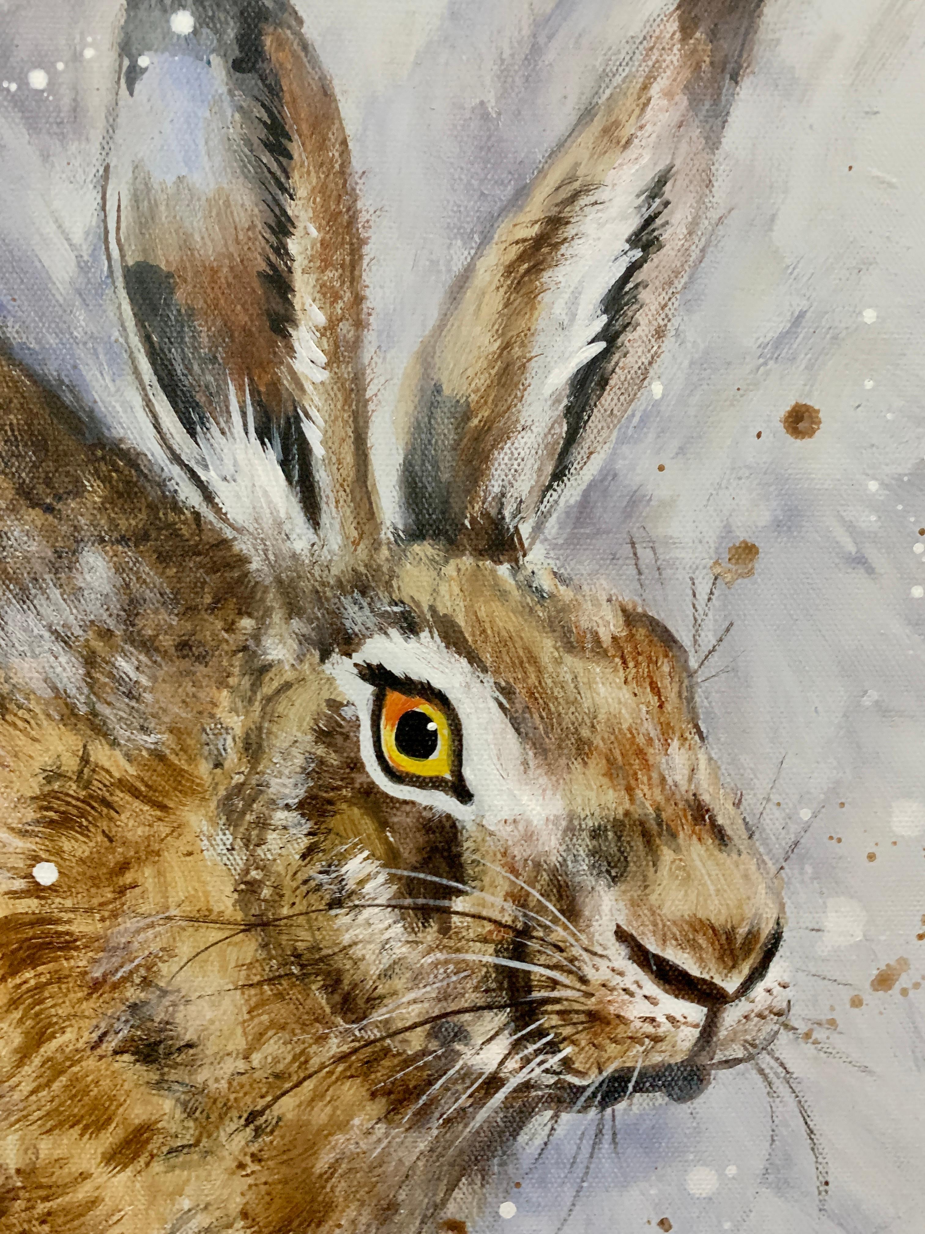 Englisches, lustiges Ölgemälde auf Leinwand aus dem 20. Jahrhundert, Porträt eines laufenden oder springenden Hares (Grau), Animal Painting, von Ryan