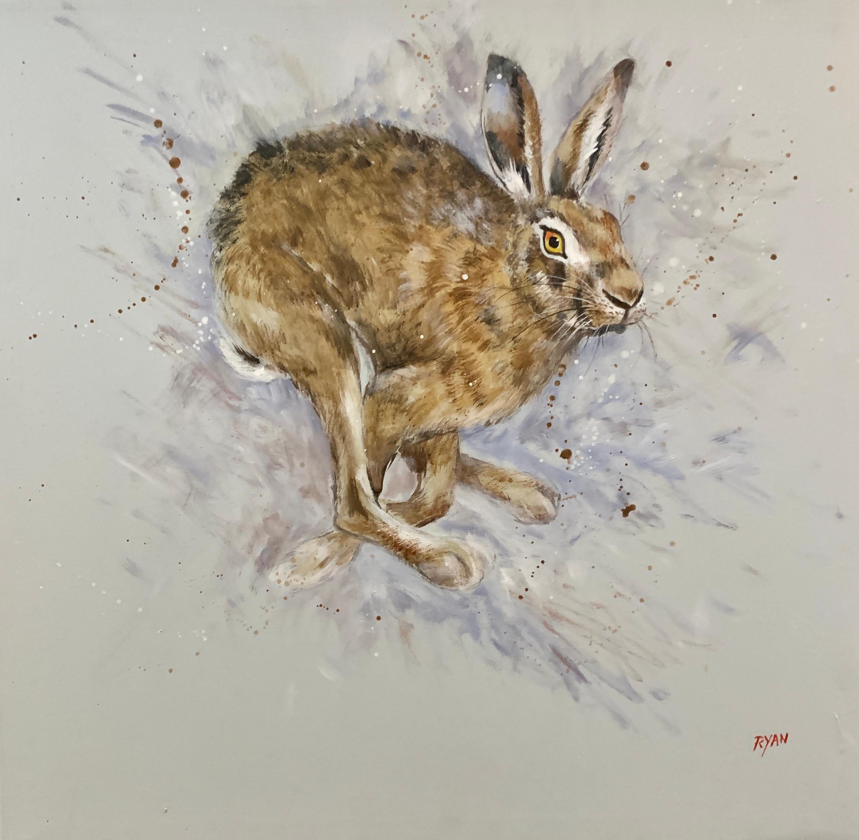 20th century English, fun oil on canvas portrait of a running or jumping Hare