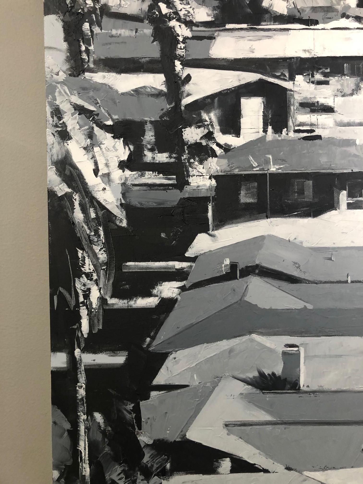 Sprawl No. 7 Cahalan / architecture abstract monochrome black and white grey oil - Brown Still-Life Painting by Ryan Reynolds