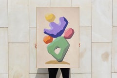 Abstract Cactus, Sculptured Totem 3D Shapes in Green, Purple, Pink on Beige