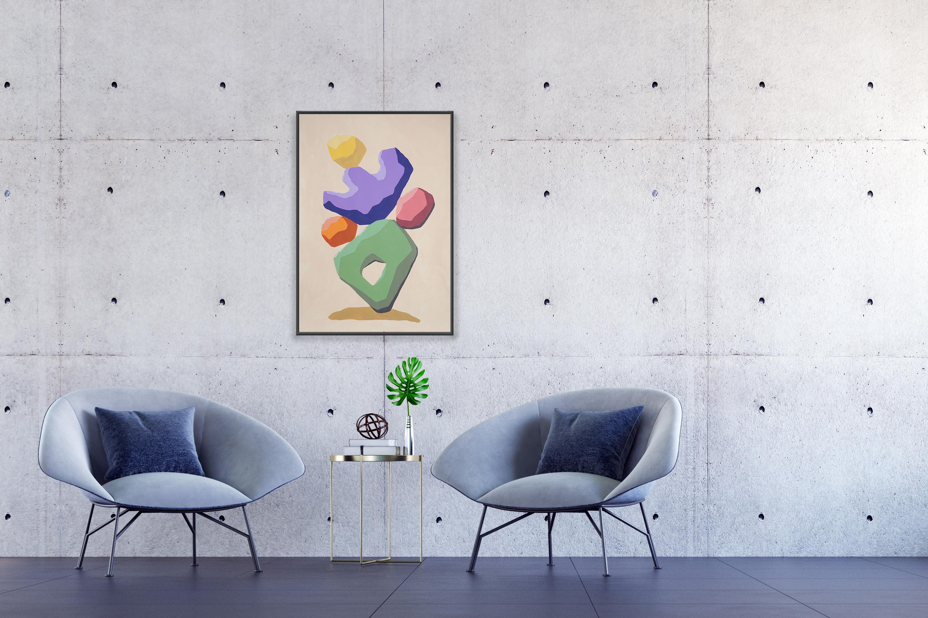 Cactus abstrait, Totem sculpté de formes 3D en vert, violet, rose sur beige - Abstrait Painting par Ryan Rivadeneyra