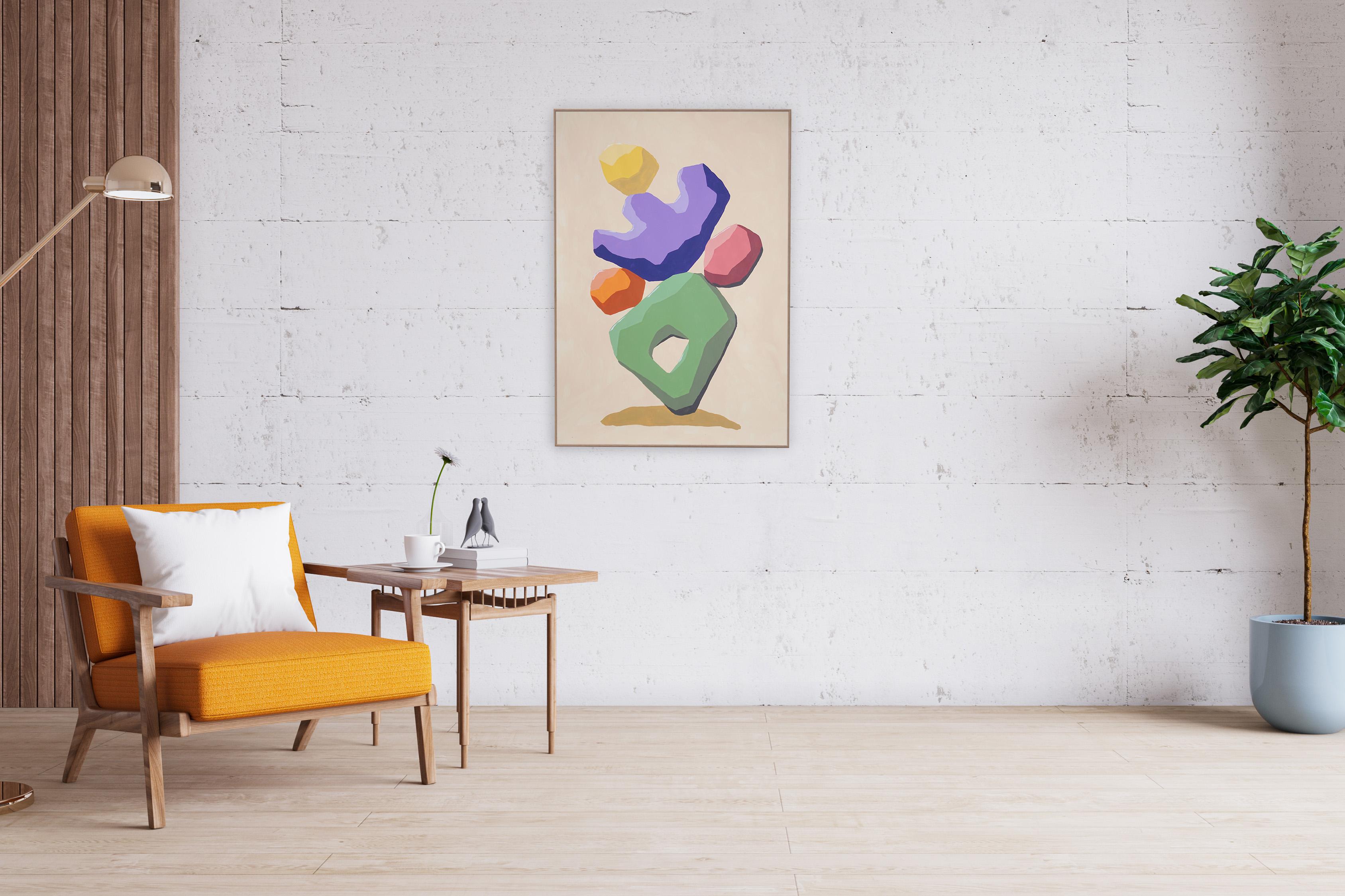 Abstract Cactus, Sculptured Totem 3D Shapes in Green, Purple, Pink on Beige - Cubist Painting by Ryan Rivadeneyra