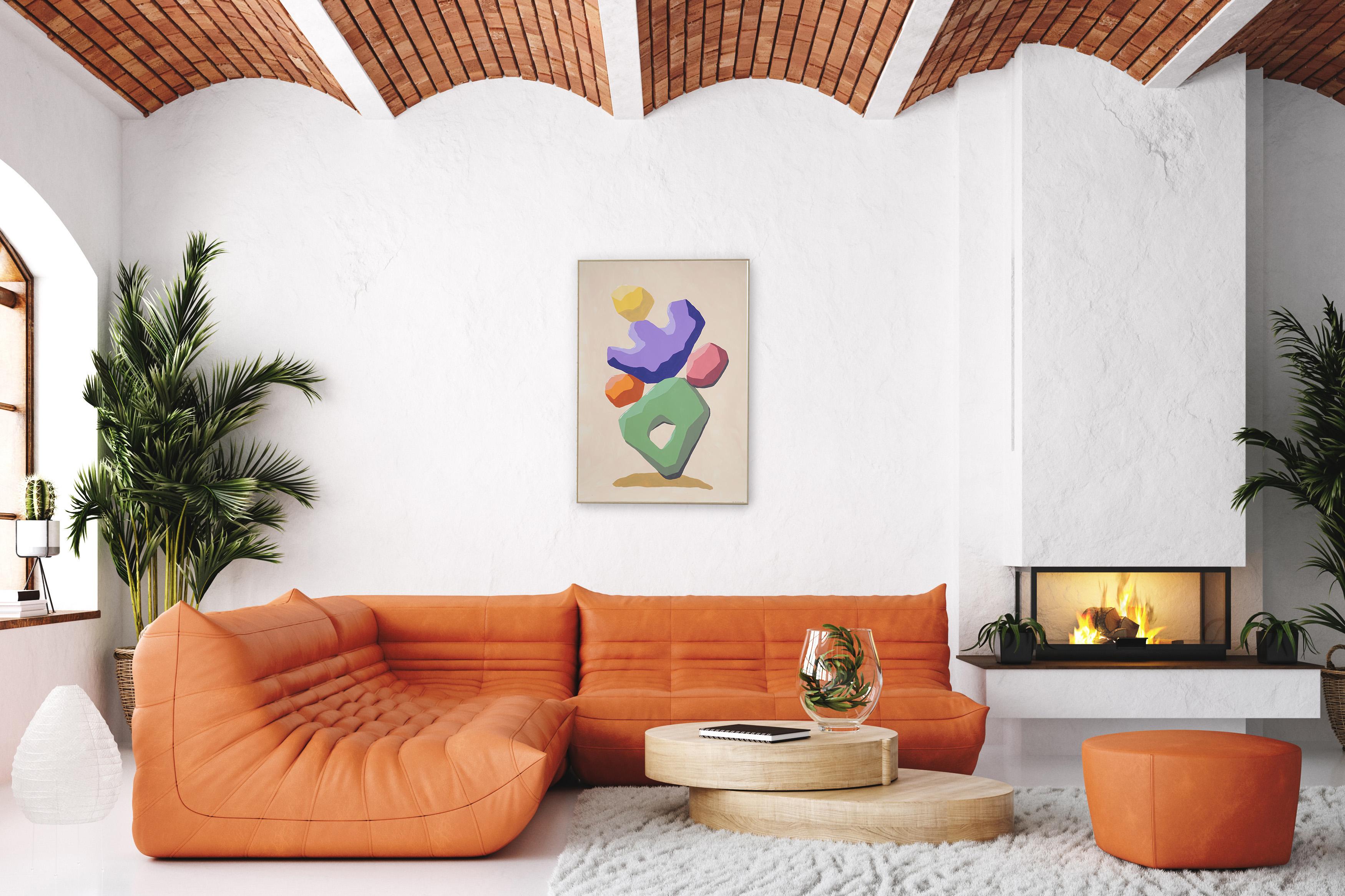 Cactus abstrait, Totem sculpté de formes 3D en vert, violet, rose sur beige en vente 1