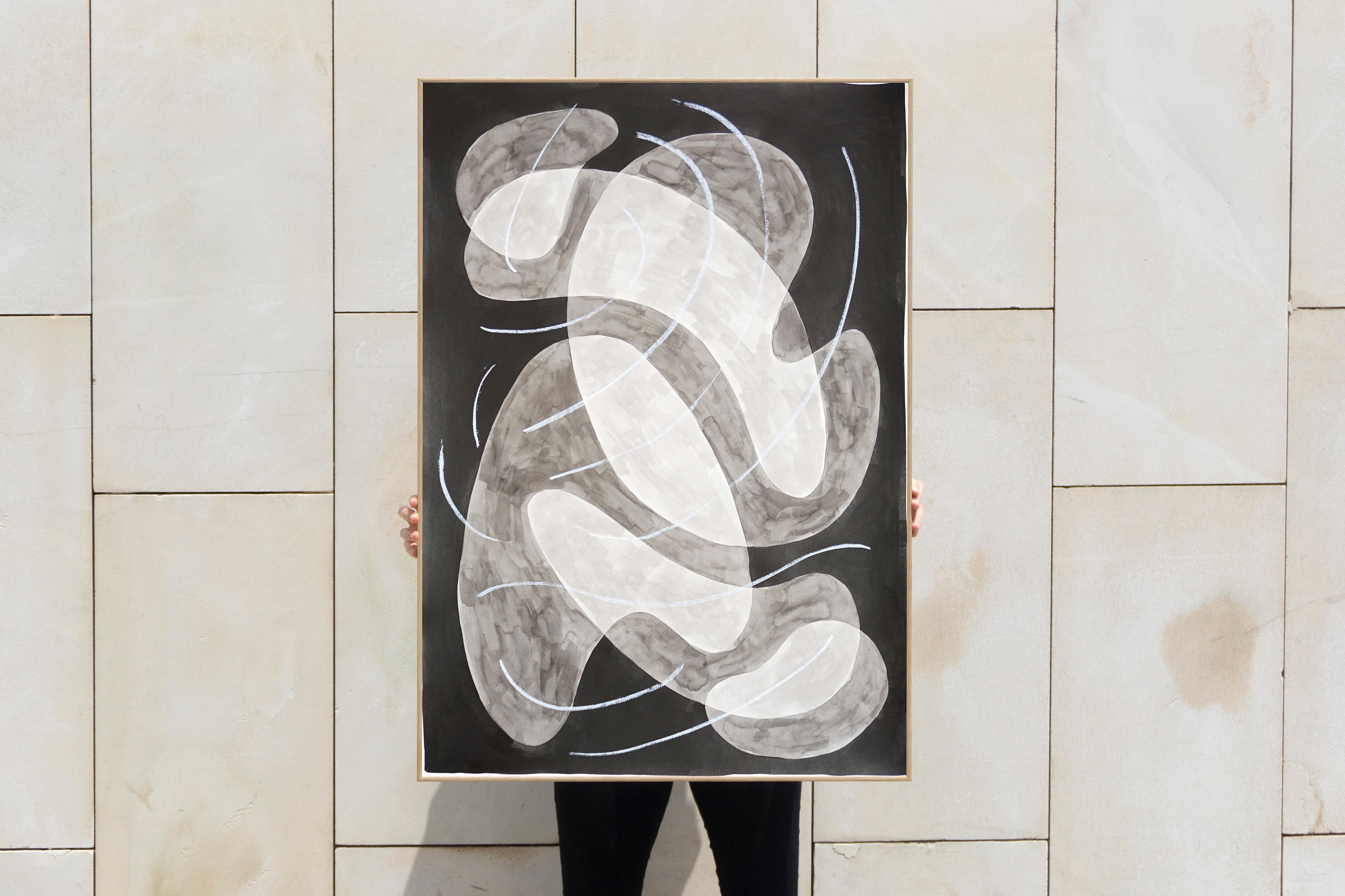 Abstract Floating Overlapping Shapes, Black and White Painting, Pastel Gestures - Gray Abstract Painting by Ryan Rivadeneyra