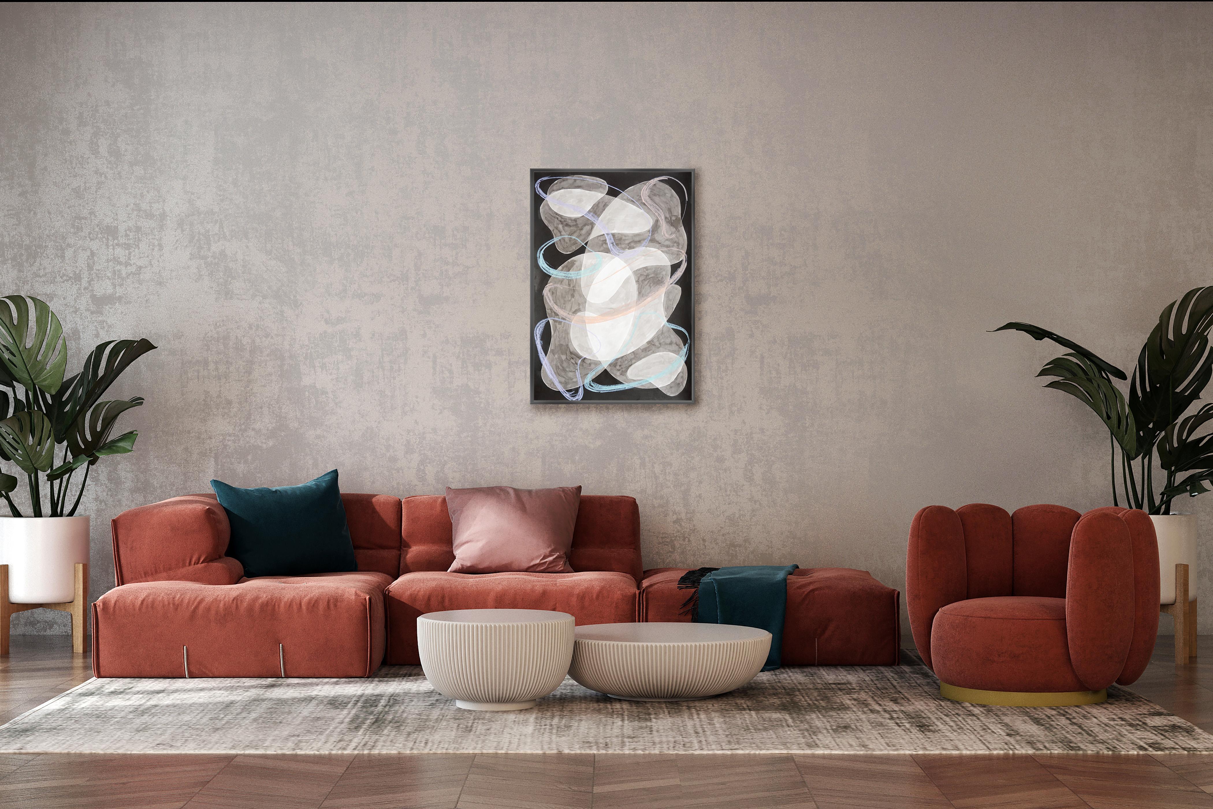 Il s'agit d'une peinture acrylique réalisée à la main sur du papier 300g de haute qualité par l'artiste Ryan Rivadeneyra. Ces tableaux, influencés par les artistes modernistes des années 50, 60 et 70, explorent les formes géométriques abstraites et