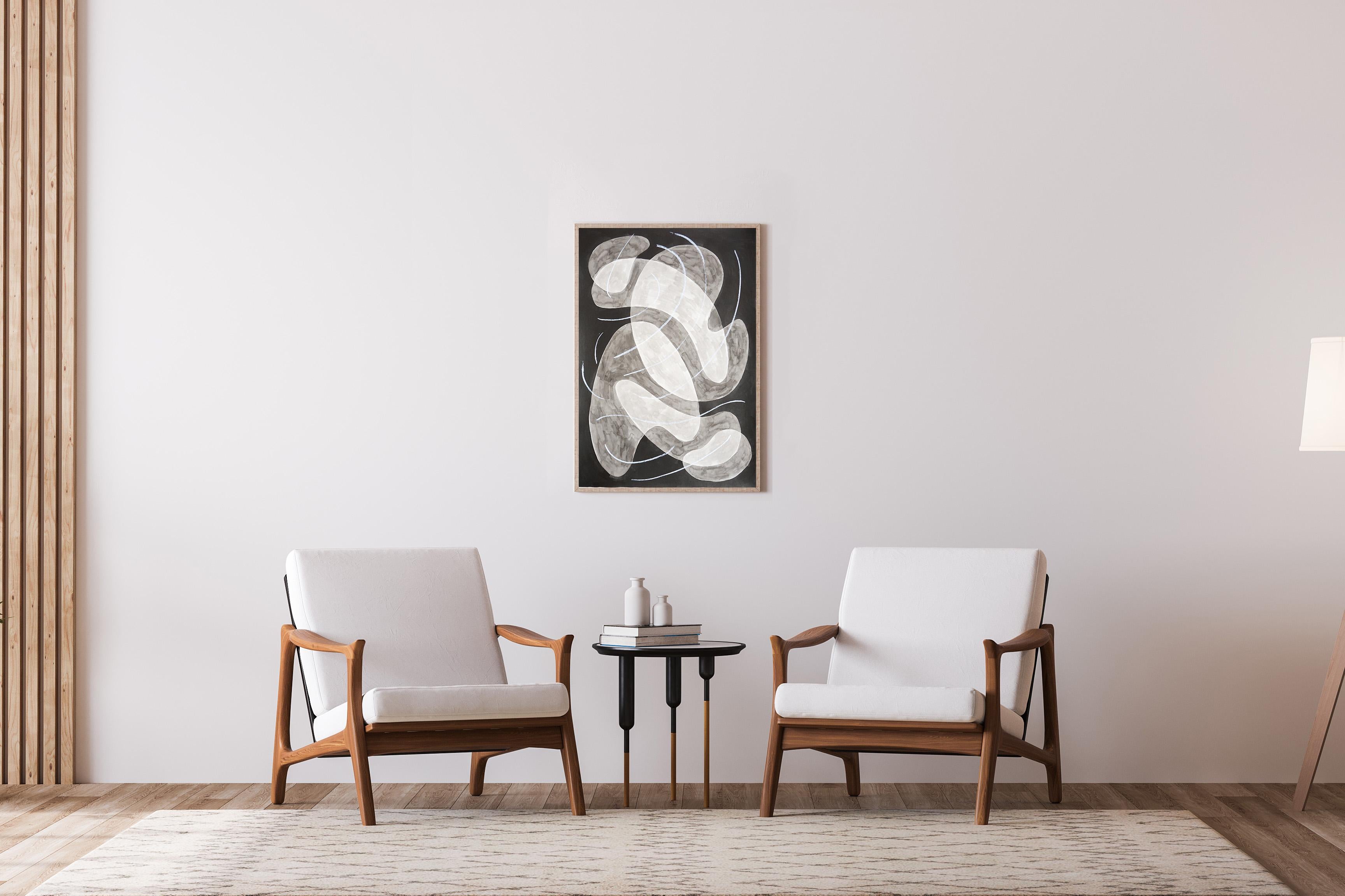 Abstract Floating Overlapping Shapes, Black and White Painting, Pastel Gestures For Sale 3