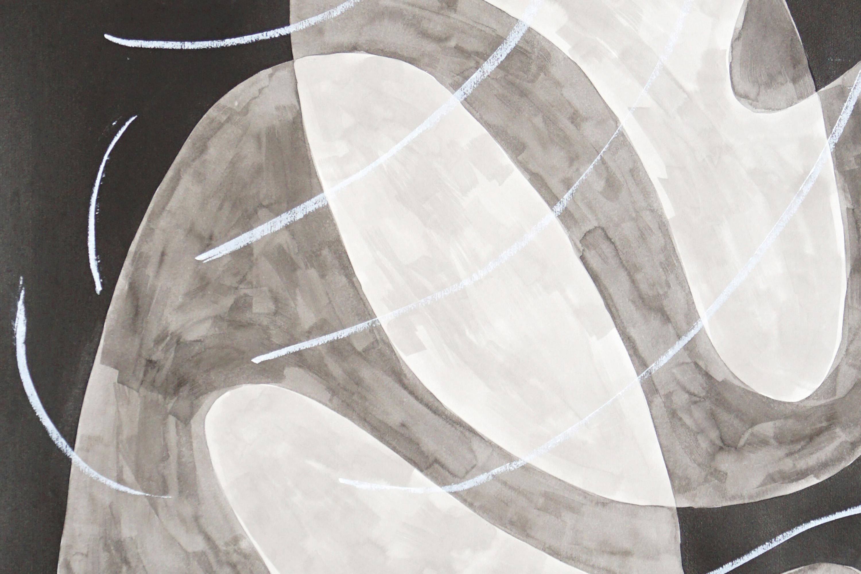 Abstract Floating Overlapping Shapes, Black and White Painting, Pastel Gestures For Sale 4