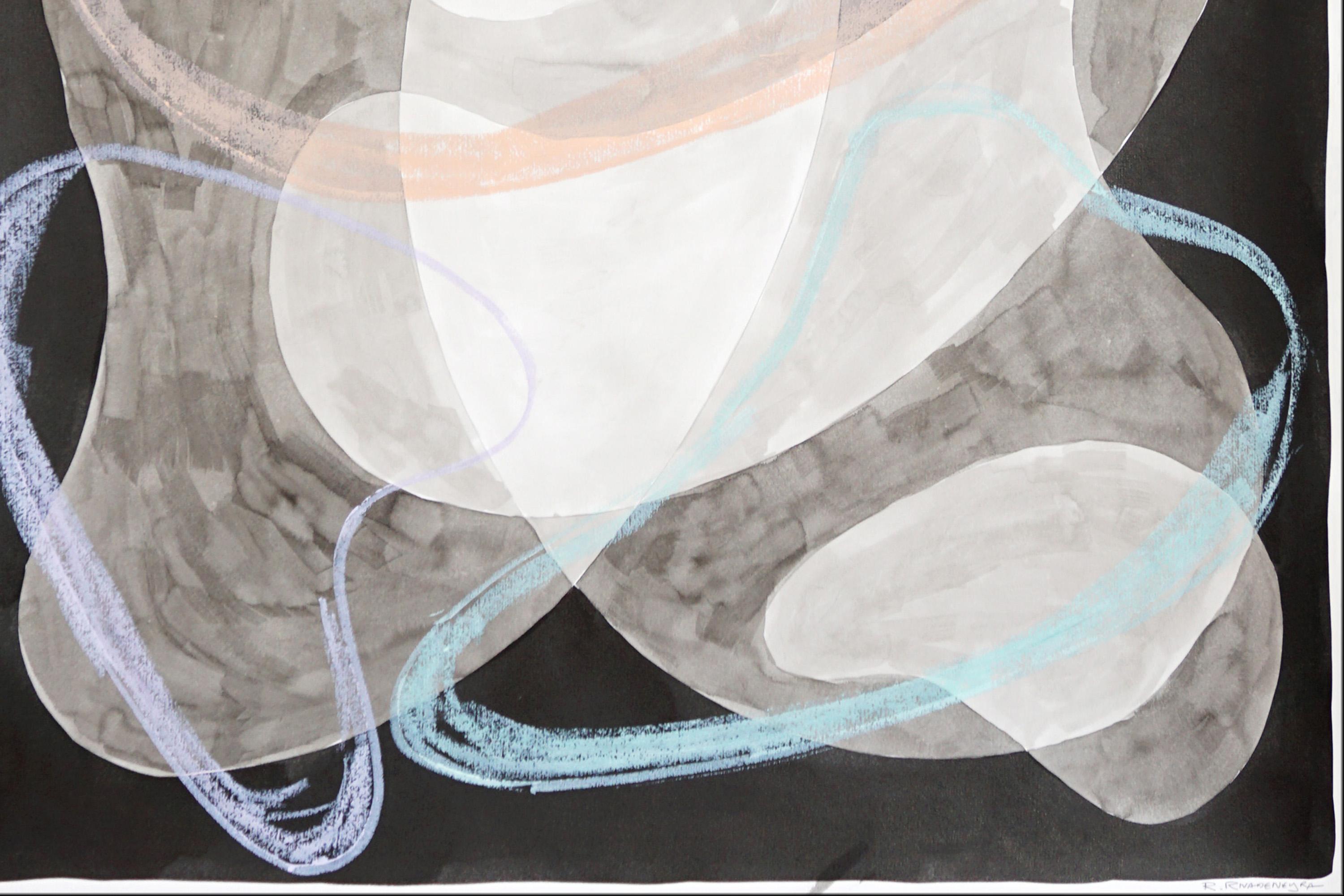 Formes abstraites flottantes se chevauchant, peinture en noir et blanc, gestes au pastel en vente 3