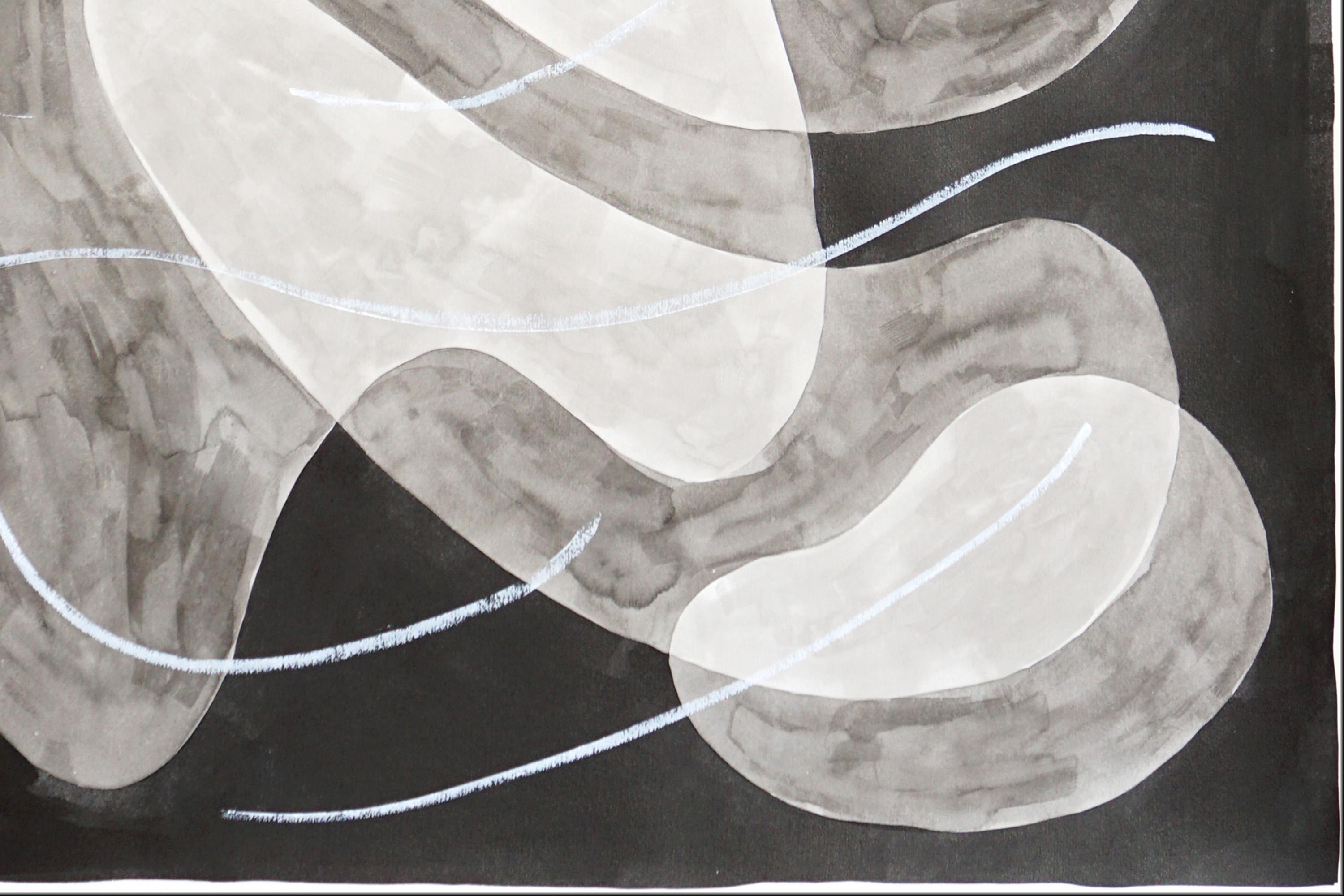 Abstract Floating Overlapping Shapes, Black and White Painting, Pastel Gestures For Sale 5