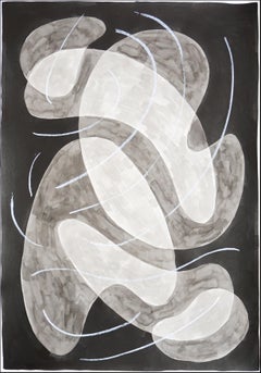Forme astratte sovrapposte e fluttuanti, pittura in bianco e nero, gesti a pastello
