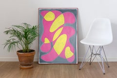 Abstract Pink Cadillac, Mid-Century Shapes Painting on Paper in Yellow and Gray