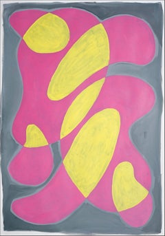 Abstract Pink Cadillac, Mid-Century Shapes Painting on Paper in Yellow and Gray