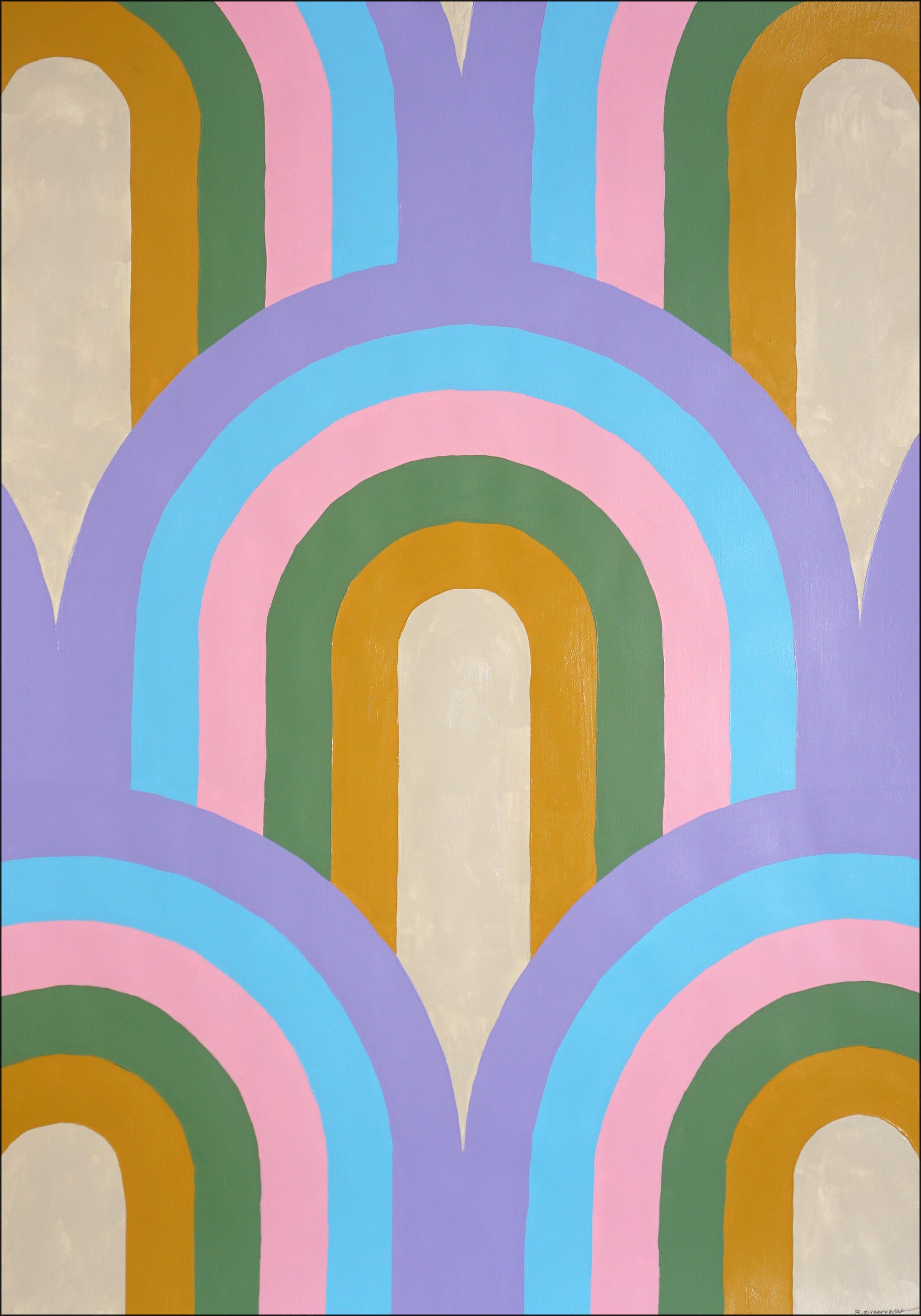 Ryan Rivadeneyra Abstract Painting – Art-Deco-Bogenmuster, kühne Abstraktion Rhythmisches Muster in Pastelltönen, Papier