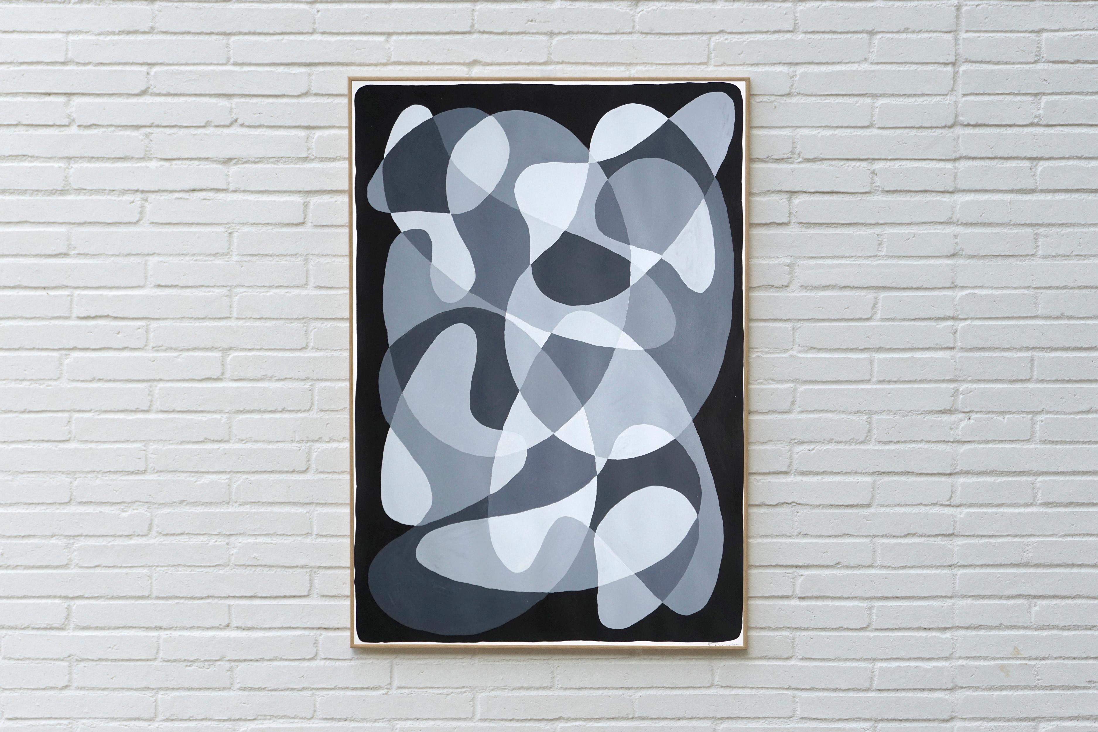 Black and White Curvy Flow, Mid-Century Modern Shapes and Layers Painting, Paper 1