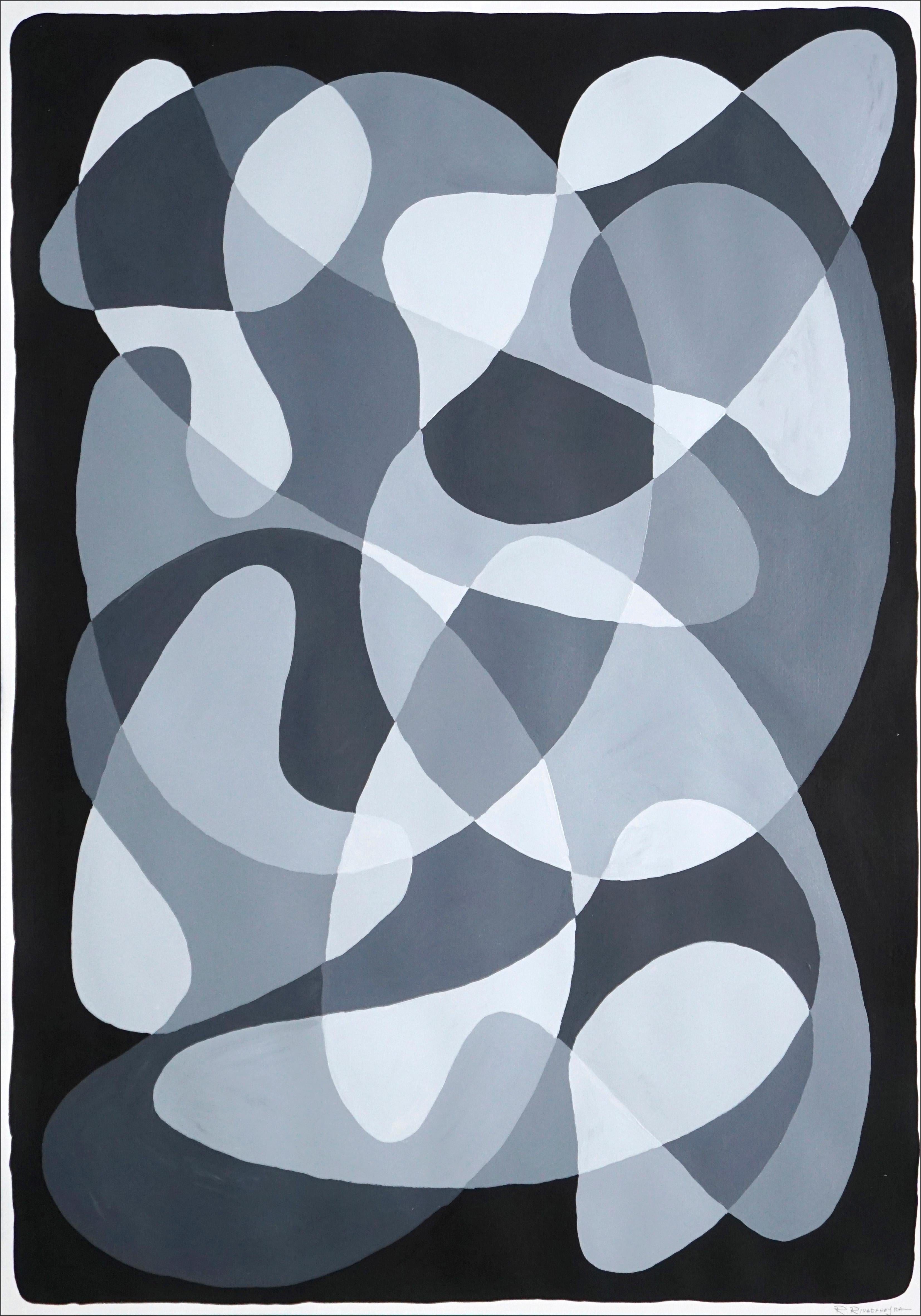Ryan Rivadeneyra Abstract Painting - Black and White Curvy Flow, Mid-Century Modern Shapes and Layers Painting, Paper