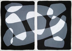 Black and White Floating Rock Ovals Diptych, Minimal Organic Shapes Painting