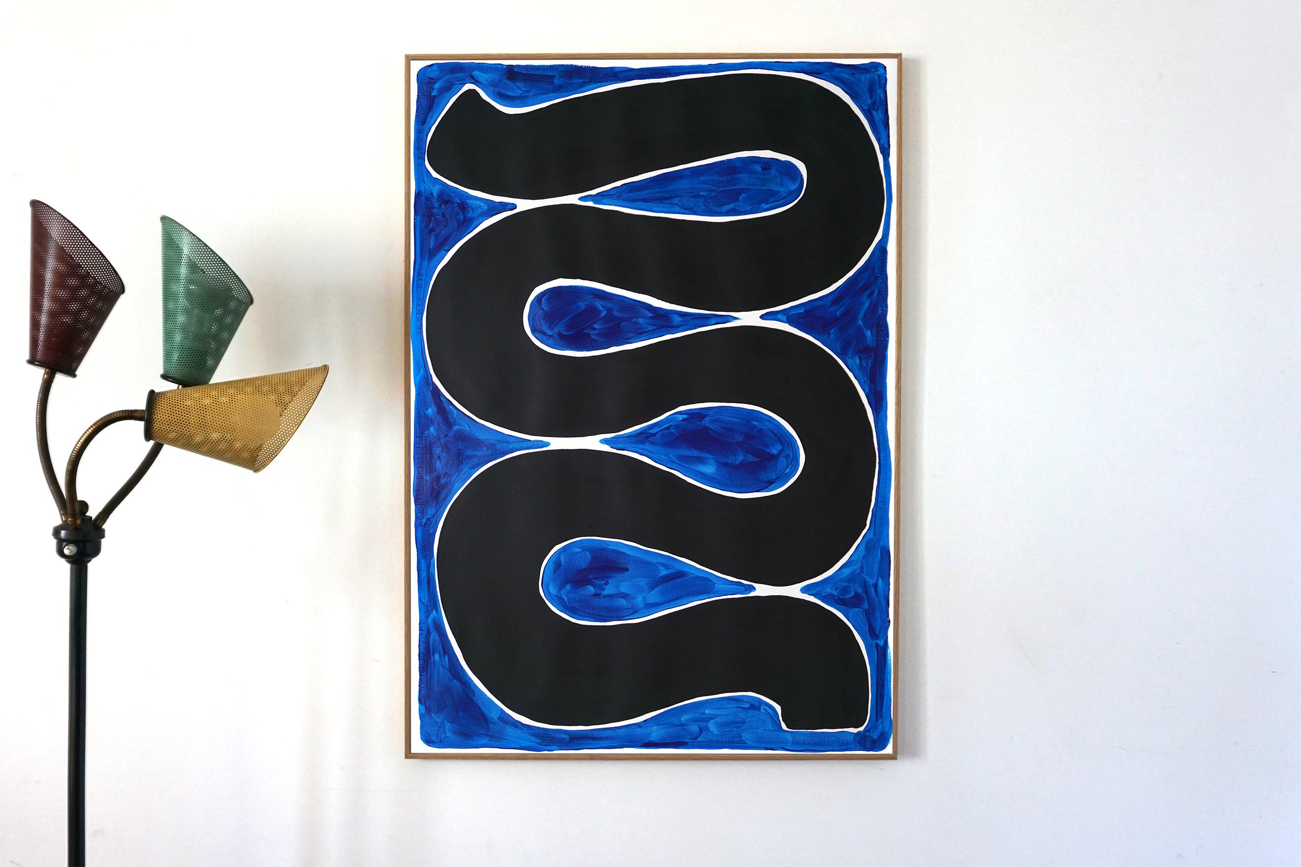 Black Swirl on Blue, Black Brushstroke, Vertical Paintin on Watercolor Paper - Painting by Ryan Rivadeneyra