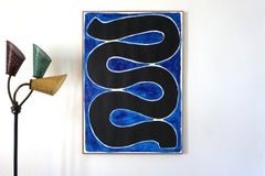 Black Swirl on Blue, Black Brushstroke, Vertical Paintin on Watercolor Paper