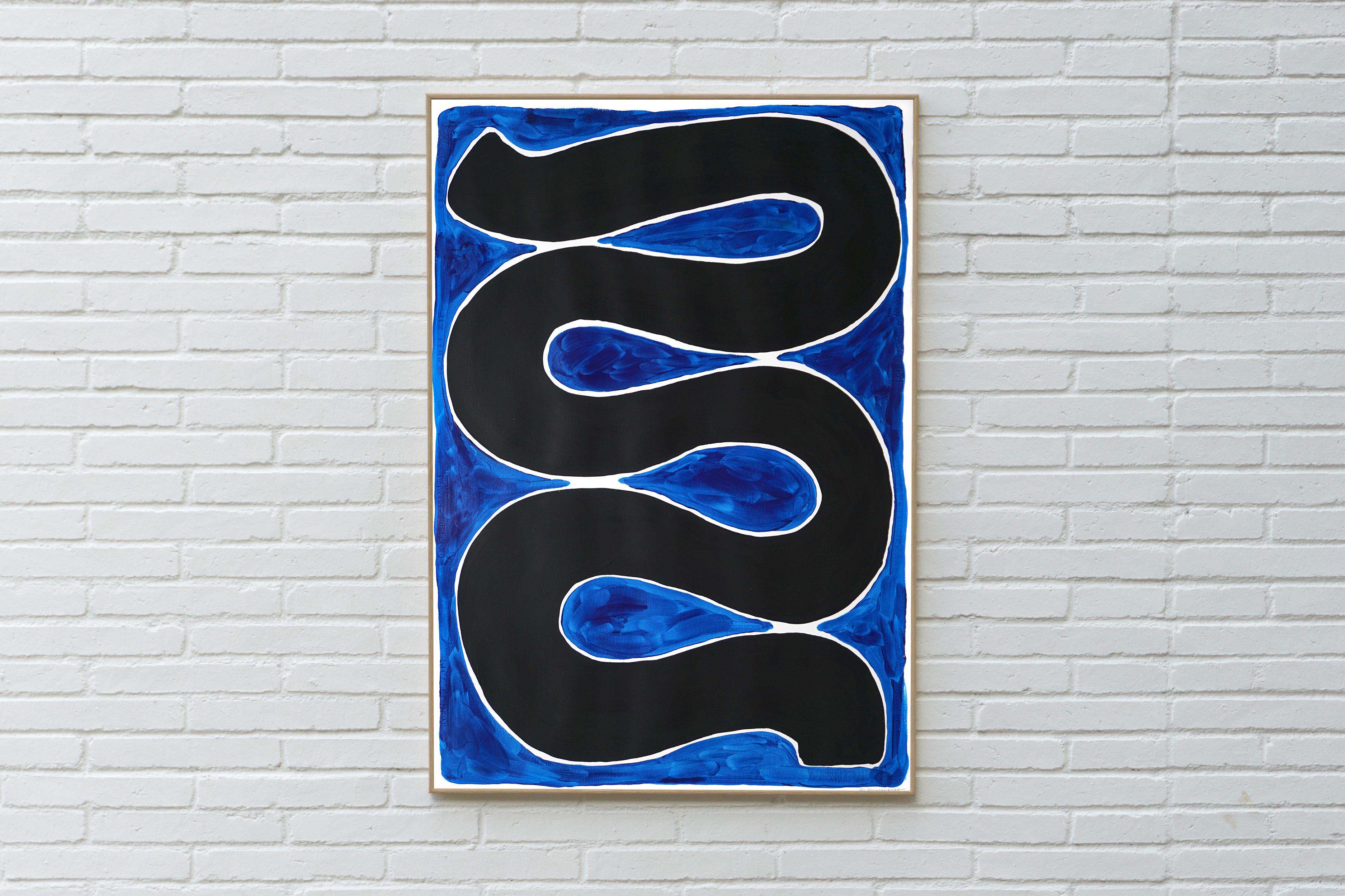 Black Swirl on Blue, Black Brushstroke, Vertical Paintin on Watercolor Paper - Modern Painting by Ryan Rivadeneyra