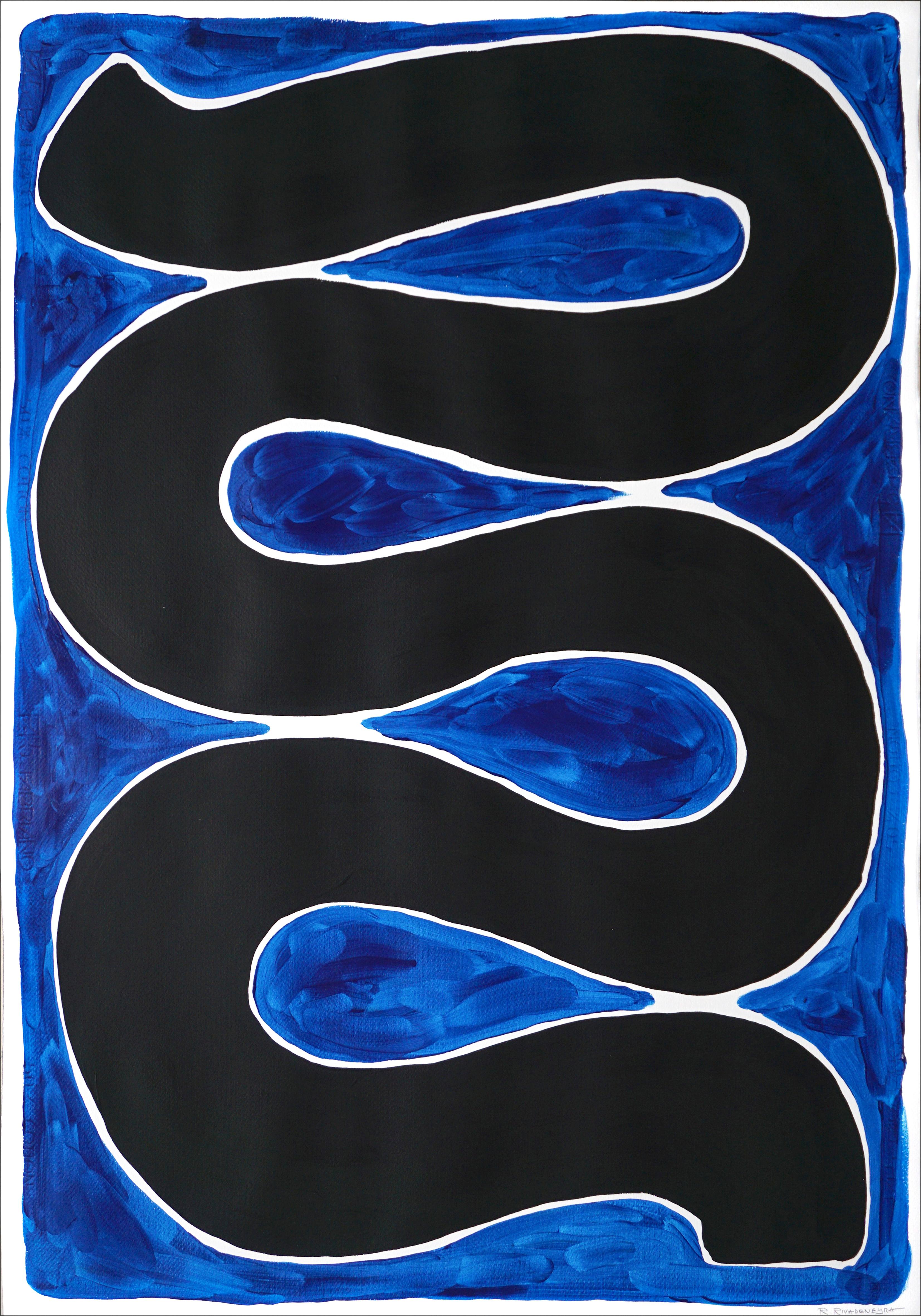 Ryan Rivadeneyra Abstract Painting - Black Swirl on Blue, Black Brushstroke, Vertical Paintin on Watercolor Paper