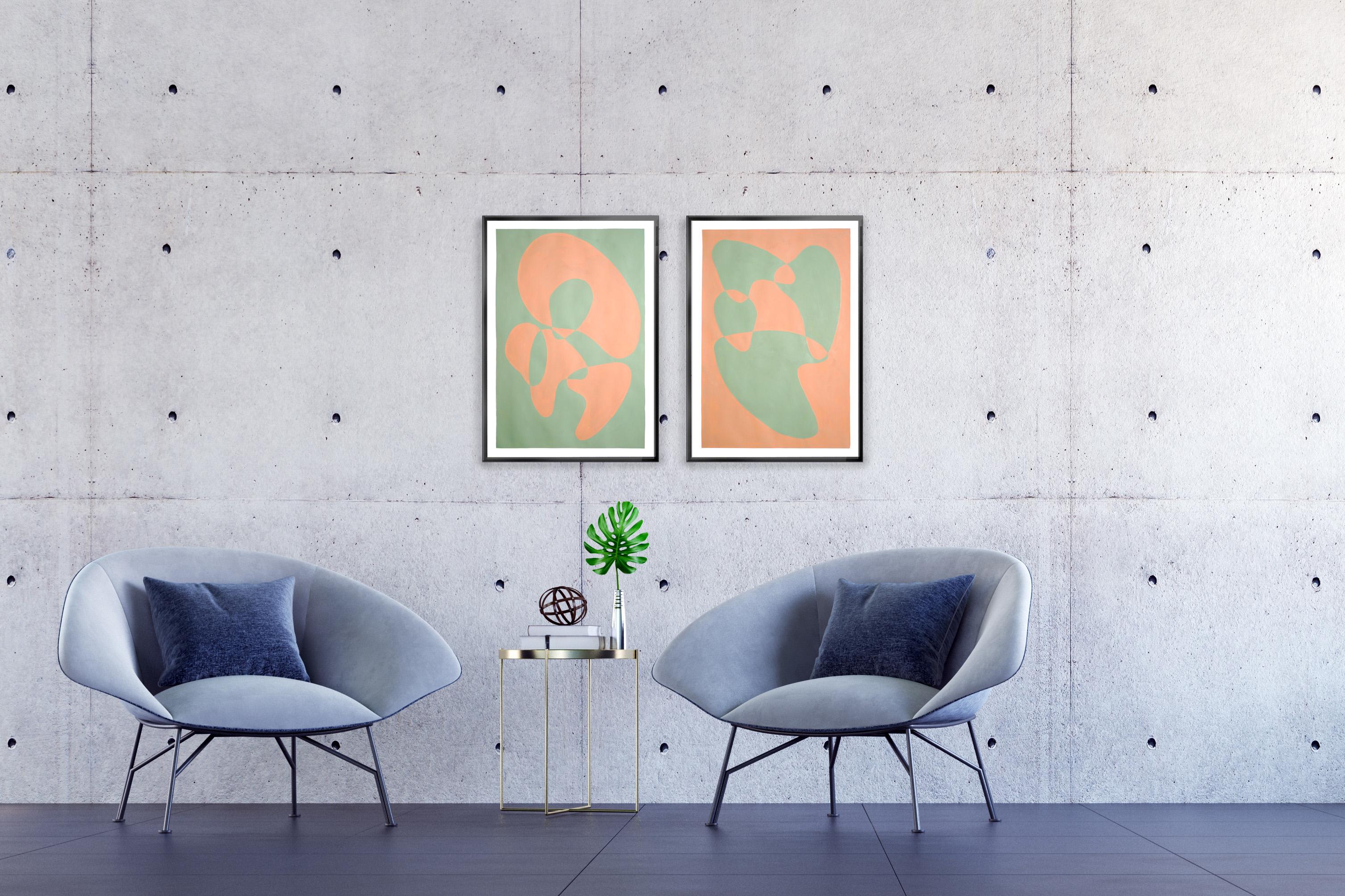 Bodies Moving Slowly, Abstract Figures Duo, Green and Tan, Pastel Tones Diptych - Painting by Ryan Rivadeneyra