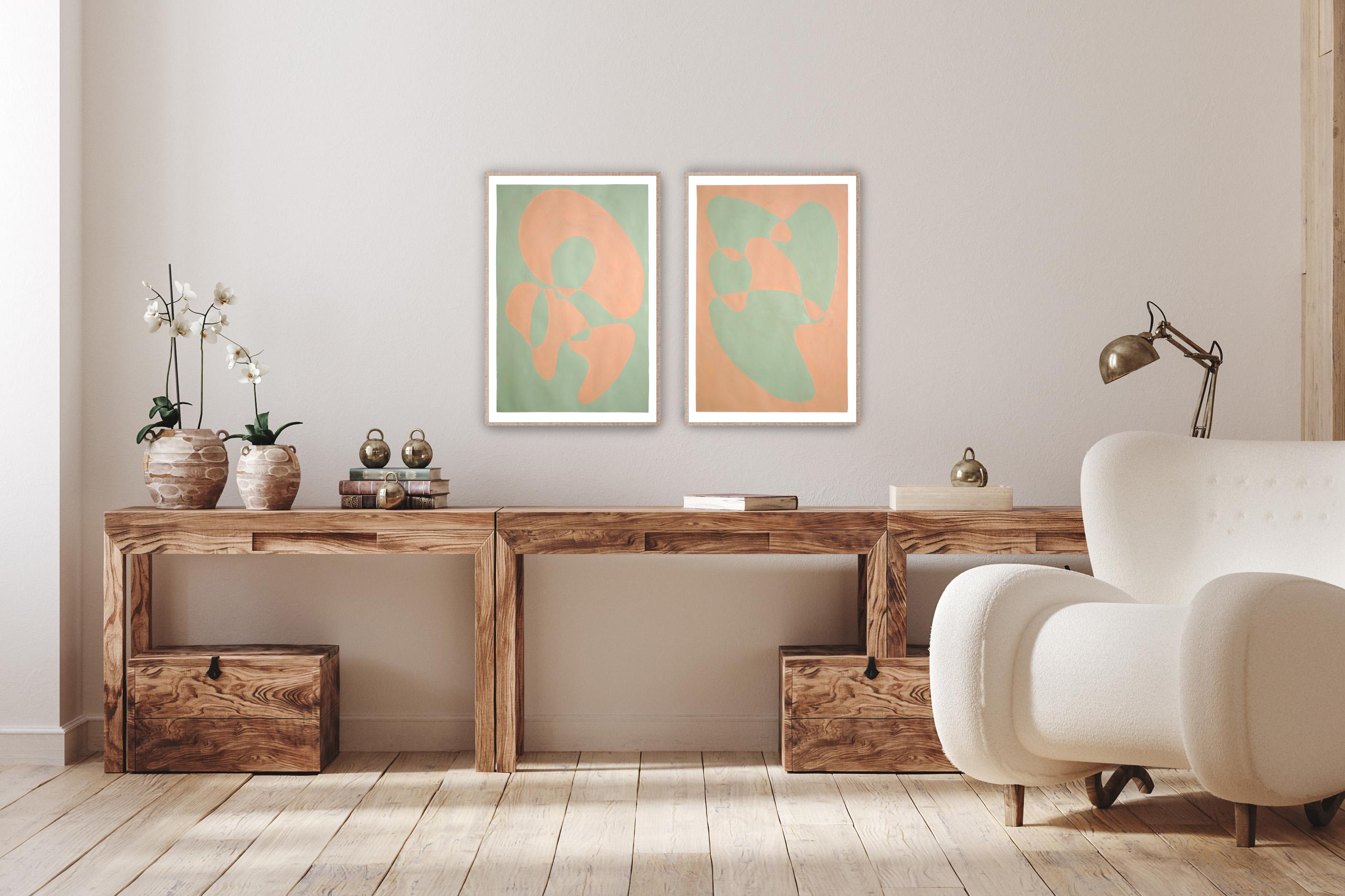 Bodies Moving Slowly, Abstract Figures Duo, Green and Tan, Pastel Tones Diptych 1