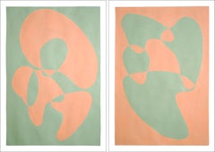 Bodies Moving Slowly, Abstract Figures Duo, Green and Tan, Pastel Tones Diptych