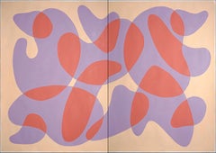 Conversations of Floating Shapes, Coral and Mauve on Tan Background, Mid-Century