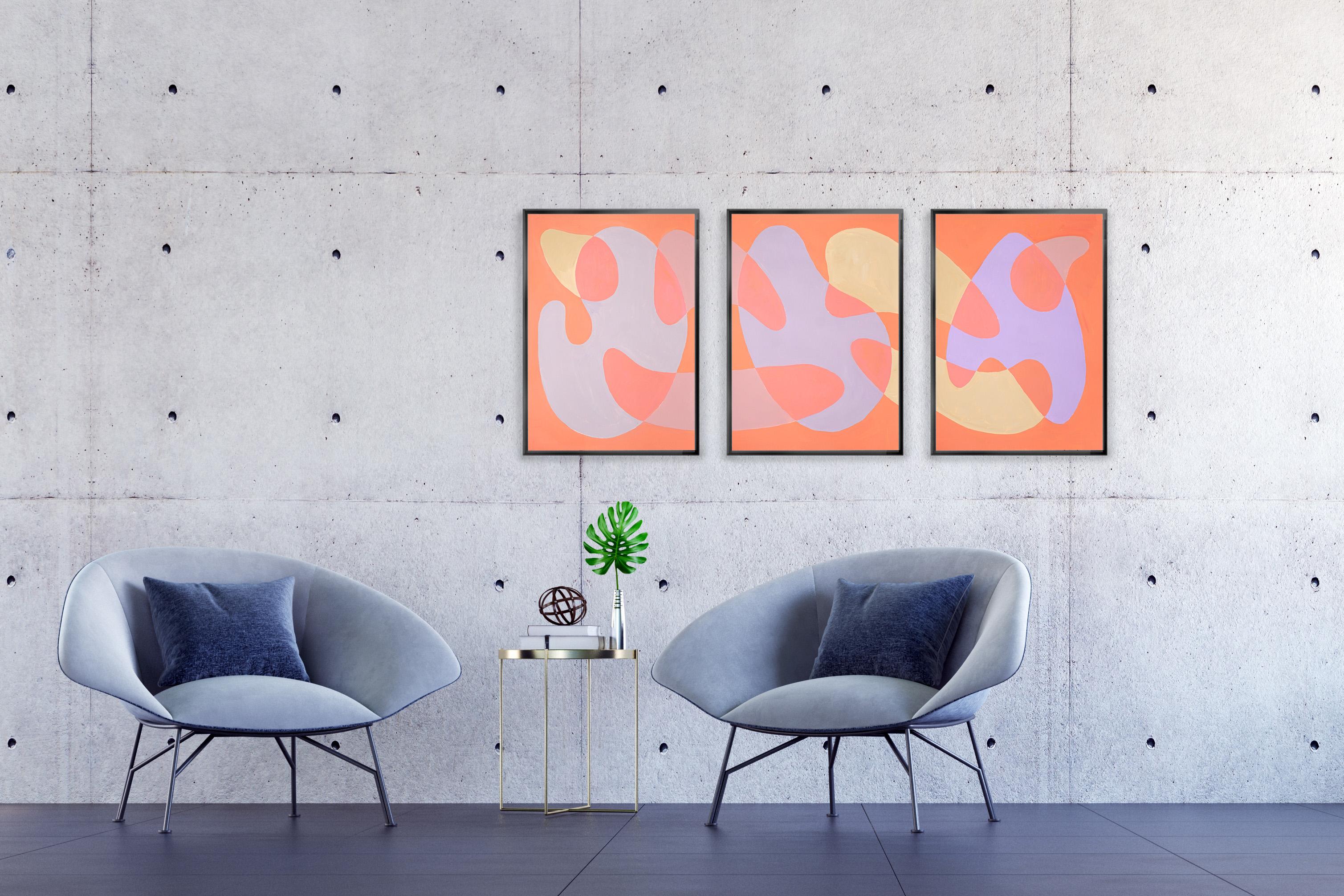 Coral Reef Abstraction, Pastel Tones Triptych Pink and Mauve, Post-Modern Shapes 5